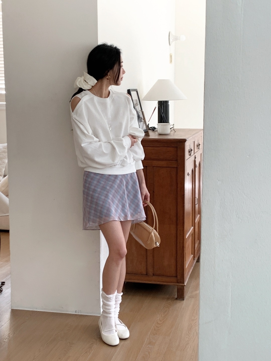 コットンラウンドネックオフショルダースリットルーズ無地スウェット | 詳細画像8