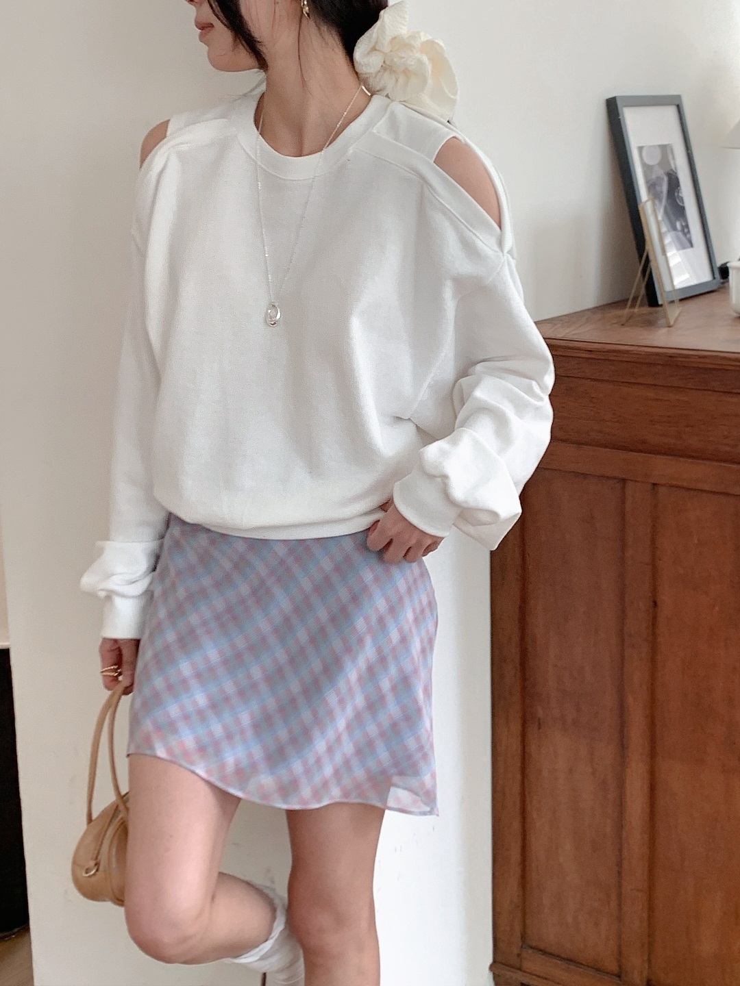 コットンラウンドネックオフショルダースリットルーズ無地スウェット | 詳細画像11