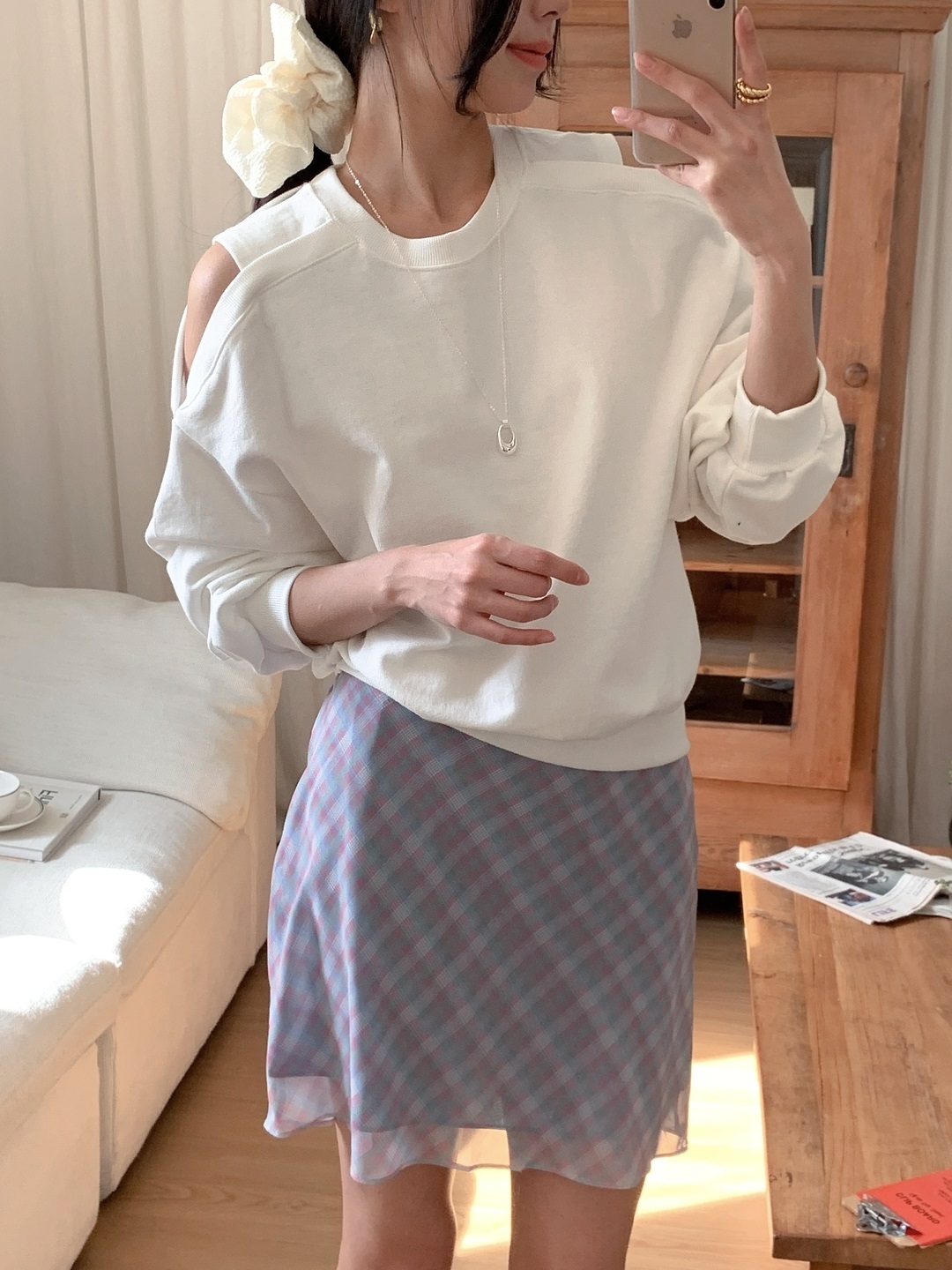 コットンラウンドネックオフショルダースリットルーズ無地スウェット | 詳細画像13