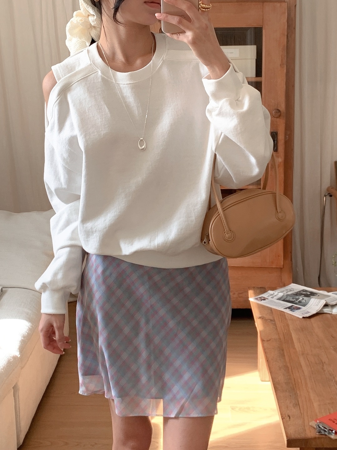 コットンラウンドネックオフショルダースリットルーズ無地スウェット | 詳細画像15