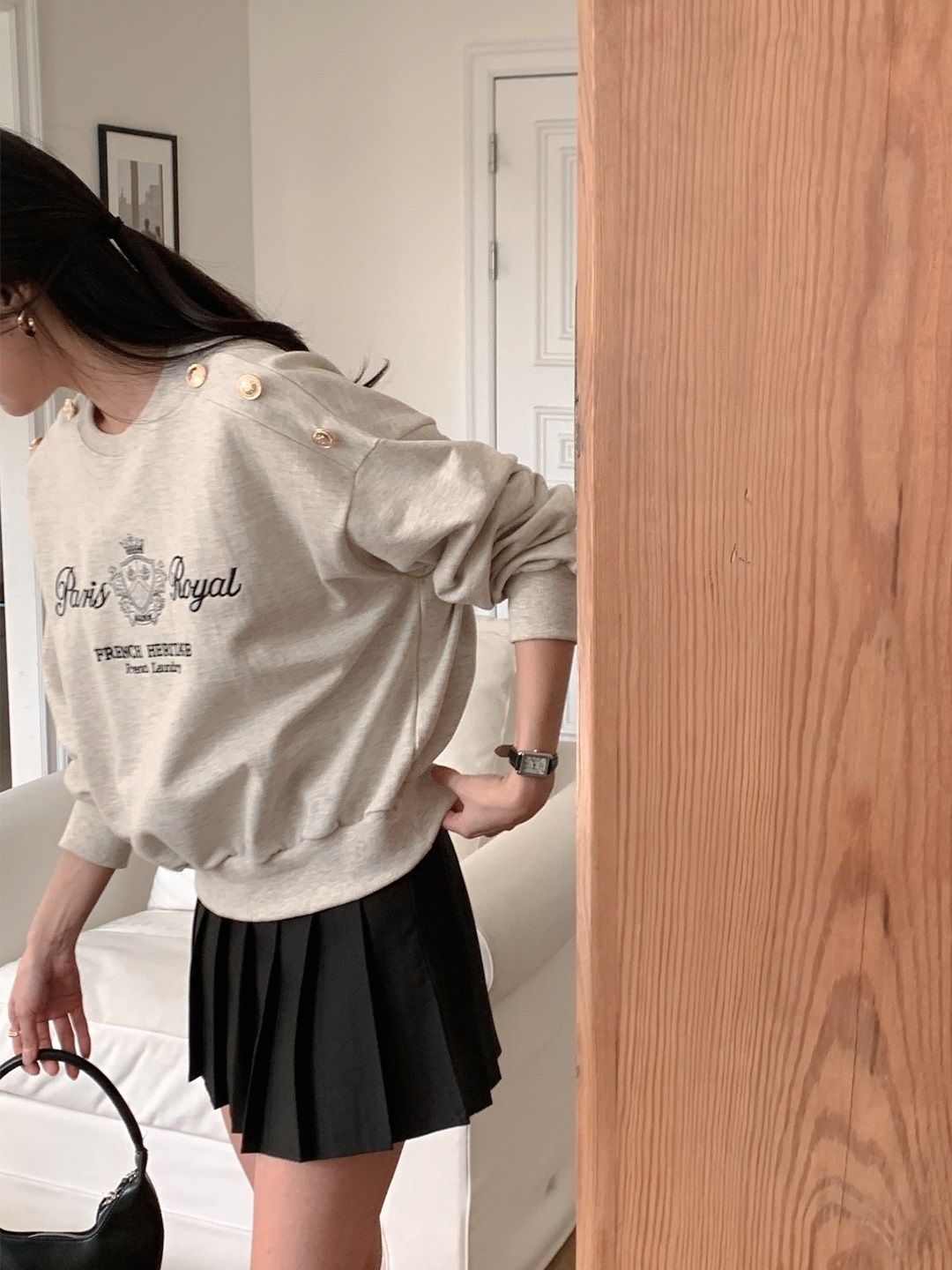 コットンラウンドネックルーズフェイクボタン刺繍プリントスウェット | 詳細画像5