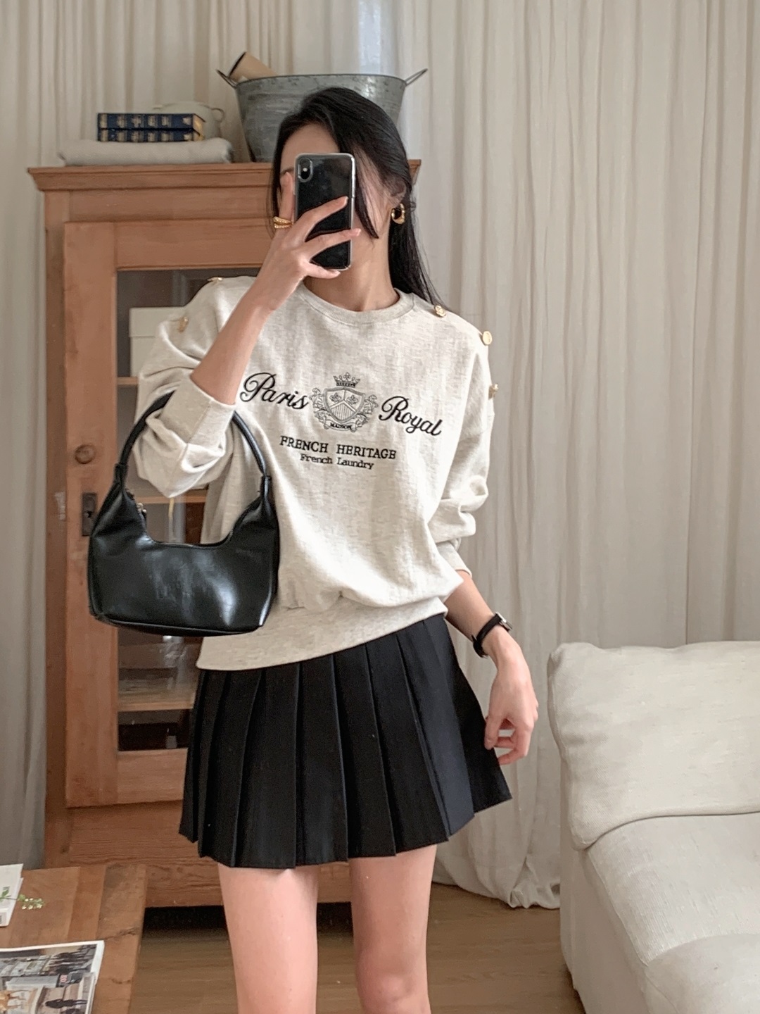 コットンラウンドネックルーズフェイクボタン刺繍プリントスウェット | 詳細画像8