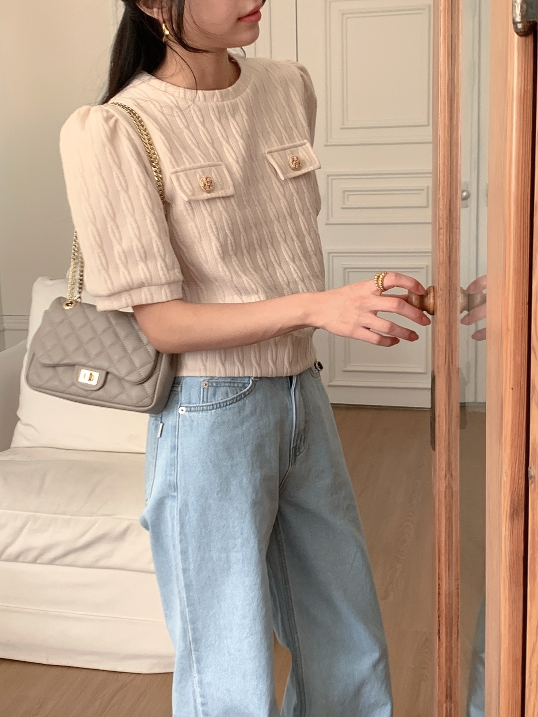 ラウンドネックウェーブ半袖フェイクポケットケーブルブラウス | 詳細画像2