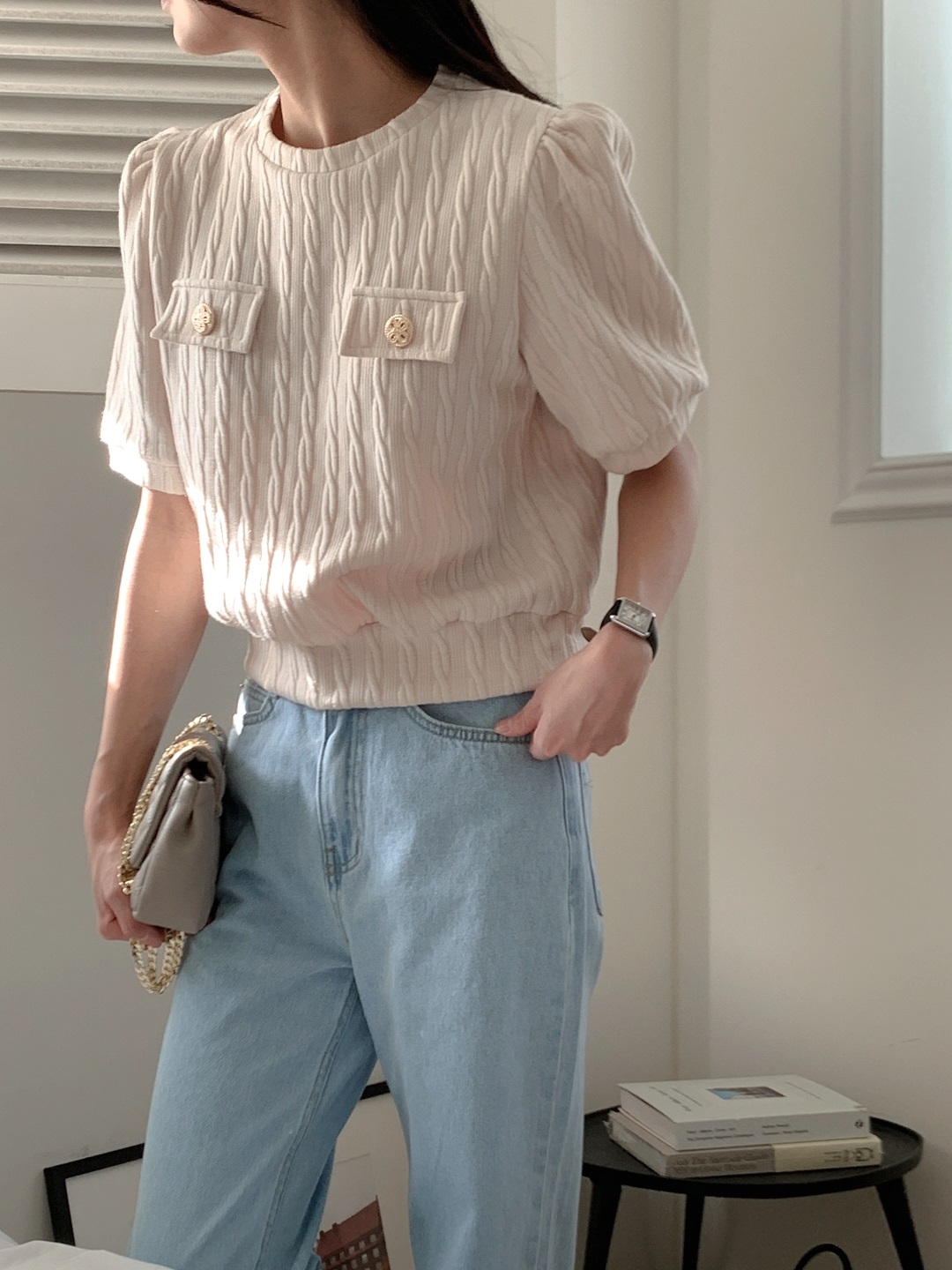 ラウンドネックウェーブ半袖フェイクポケットケーブルブラウス | 詳細画像4