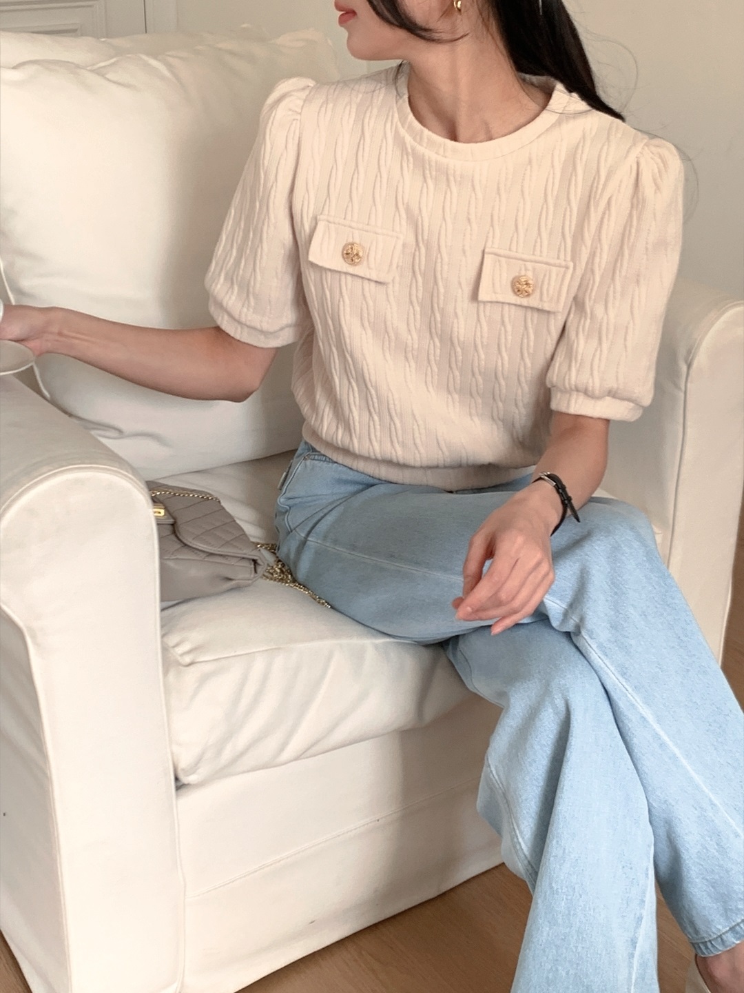 ラウンドネックウェーブ半袖フェイクポケットケーブルブラウス | 詳細画像6