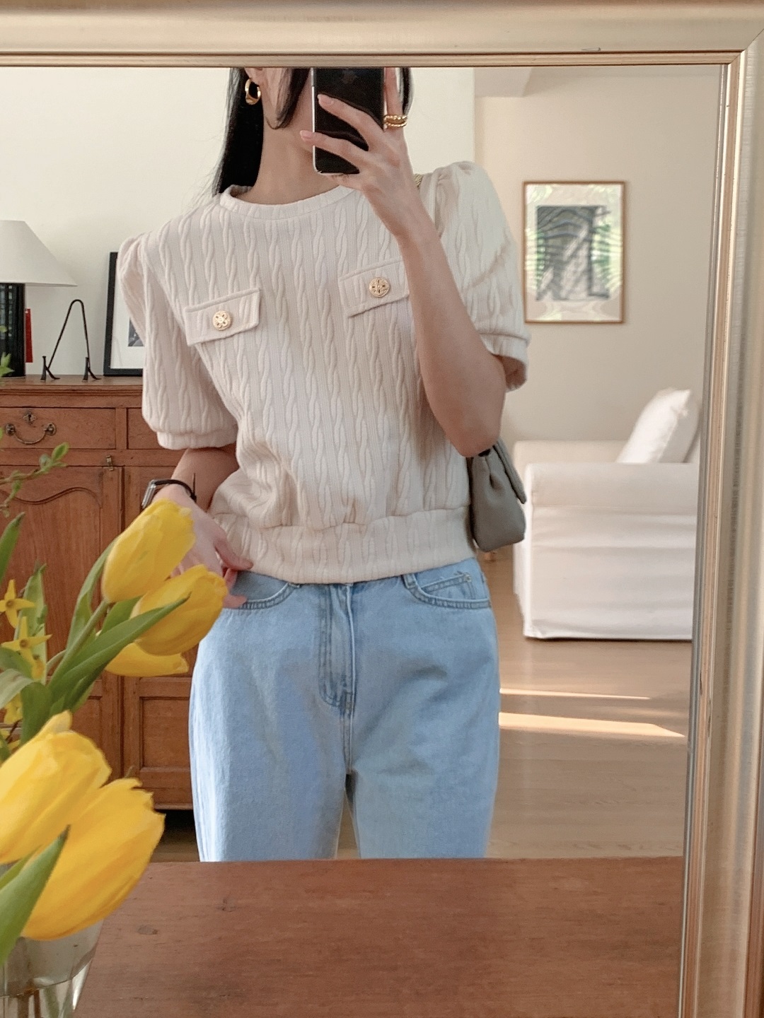 ラウンドネックウェーブ半袖フェイクポケットケーブルブラウス | 詳細画像8