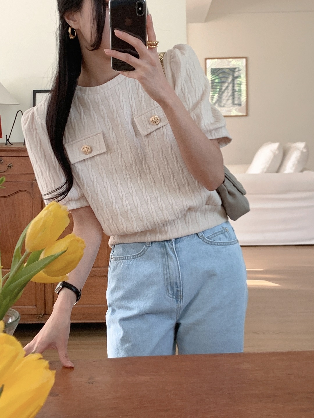 ラウンドネックウェーブ半袖フェイクポケットケーブルブラウス | 詳細画像9