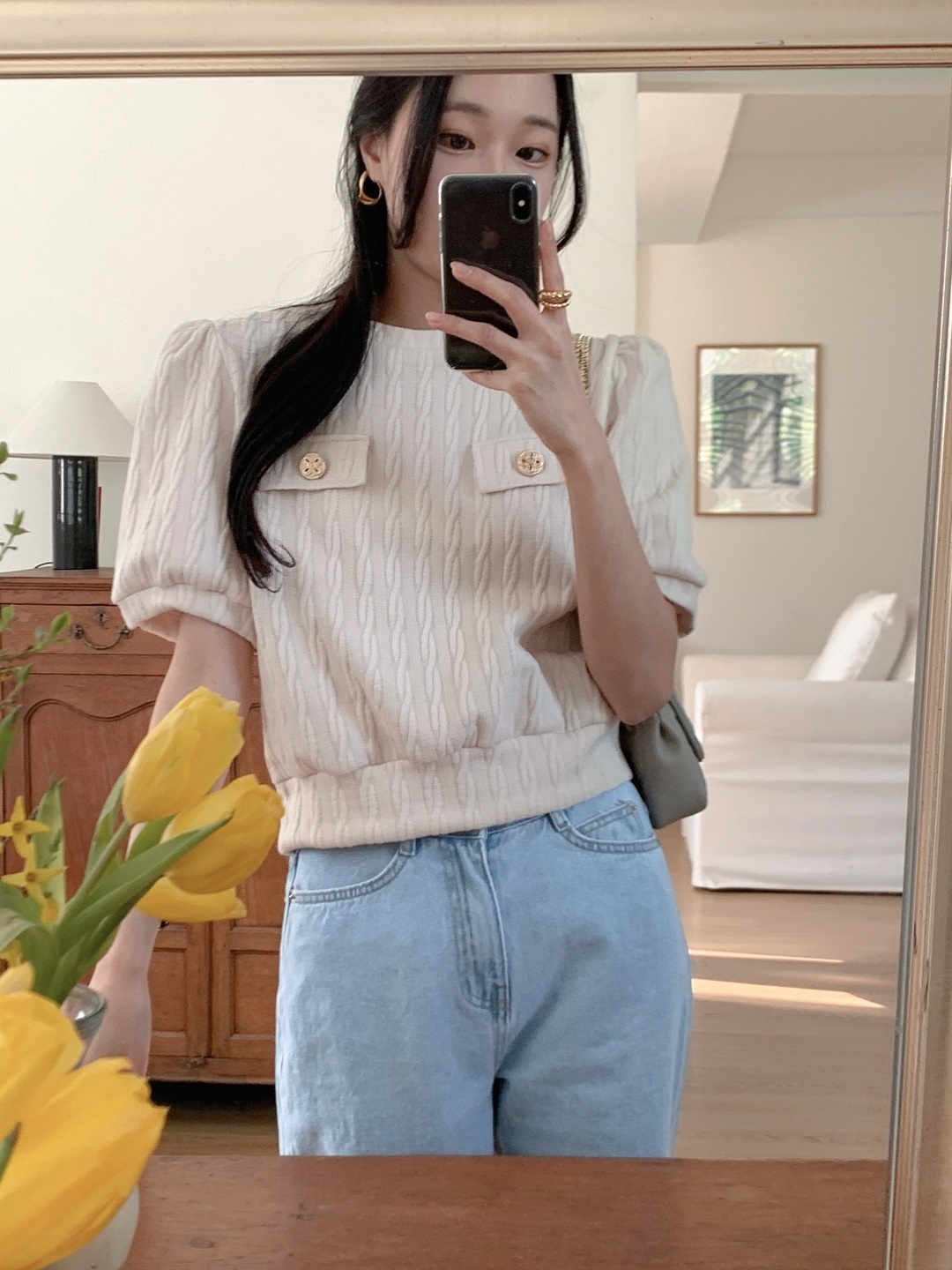 ラウンドネックウェーブ半袖フェイクポケットケーブルブラウス | 詳細画像10