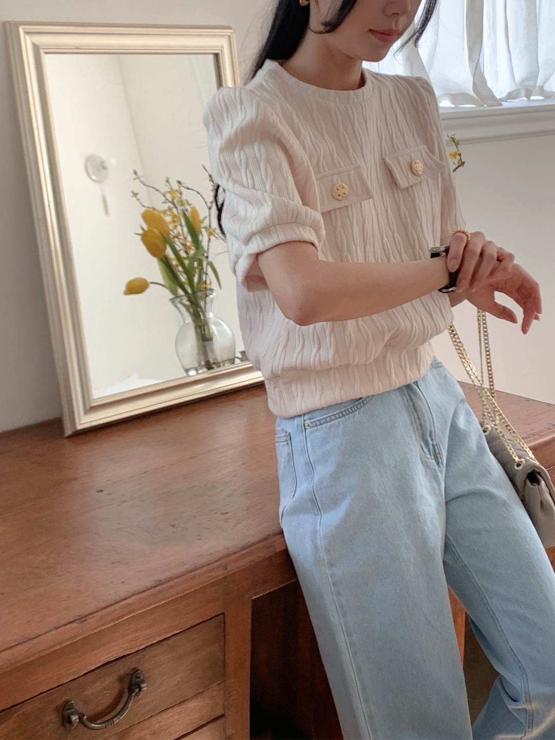 ラウンドネックウェーブ半袖フェイクポケットケーブルブラウス | 詳細画像11