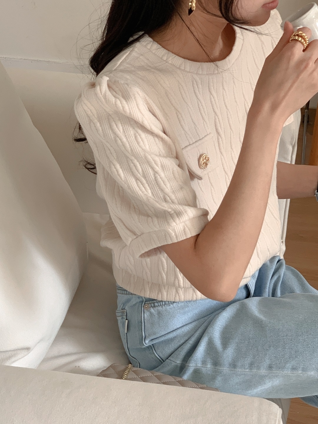 ラウンドネックウェーブ半袖フェイクポケットケーブルブラウス | 詳細画像12