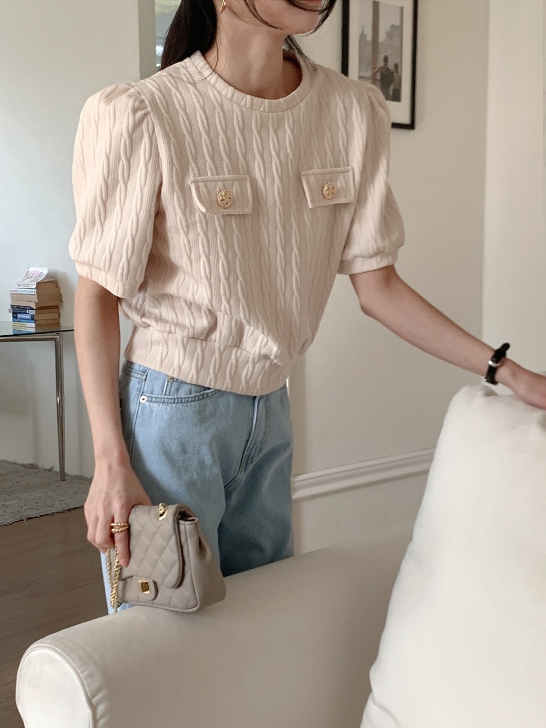 ラウンドネックウェーブ半袖フェイクポケットケーブルブラウス | 詳細画像14