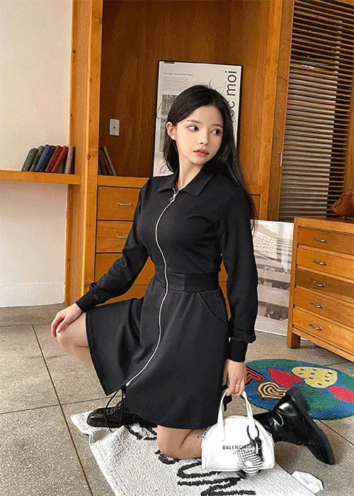 ミニジップアップカラーピンタックワンピース | SSENUNNI | 詳細画像1