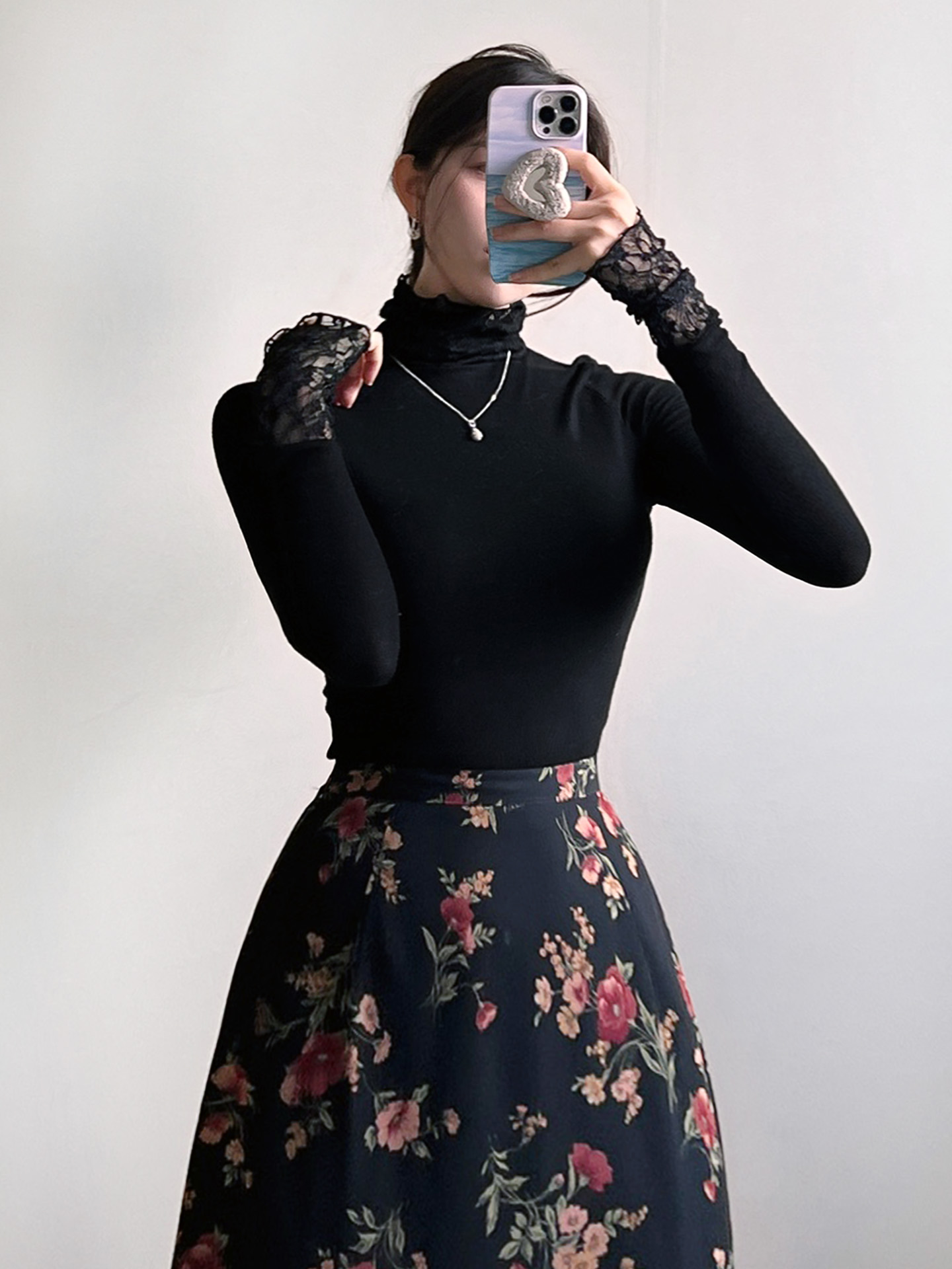 レースストレッチコンビタートルネックスリム長袖無地Tシャツ | 詳細画像2