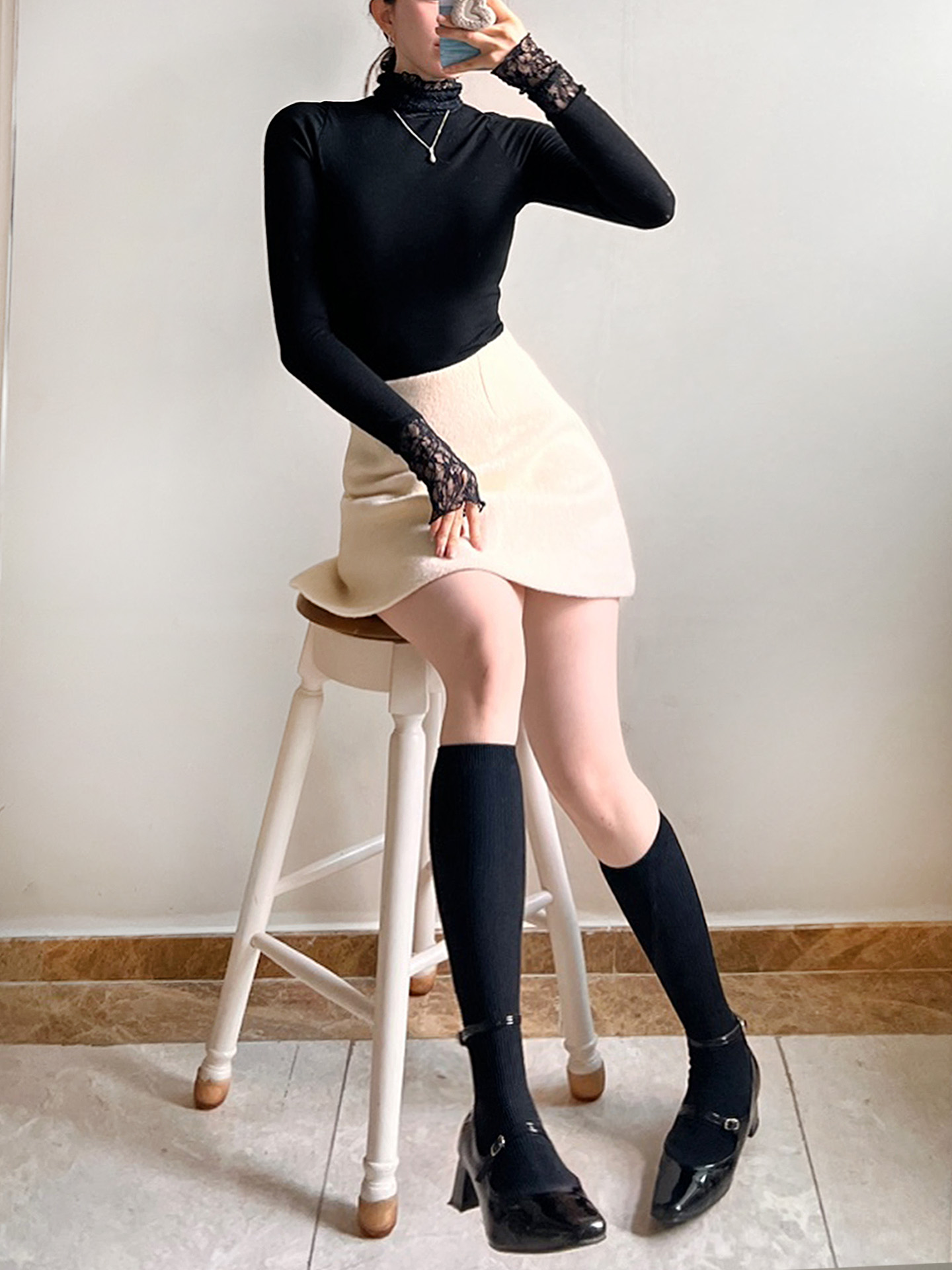 レースストレッチコンビタートルネックスリム長袖無地Tシャツ | 詳細画像3