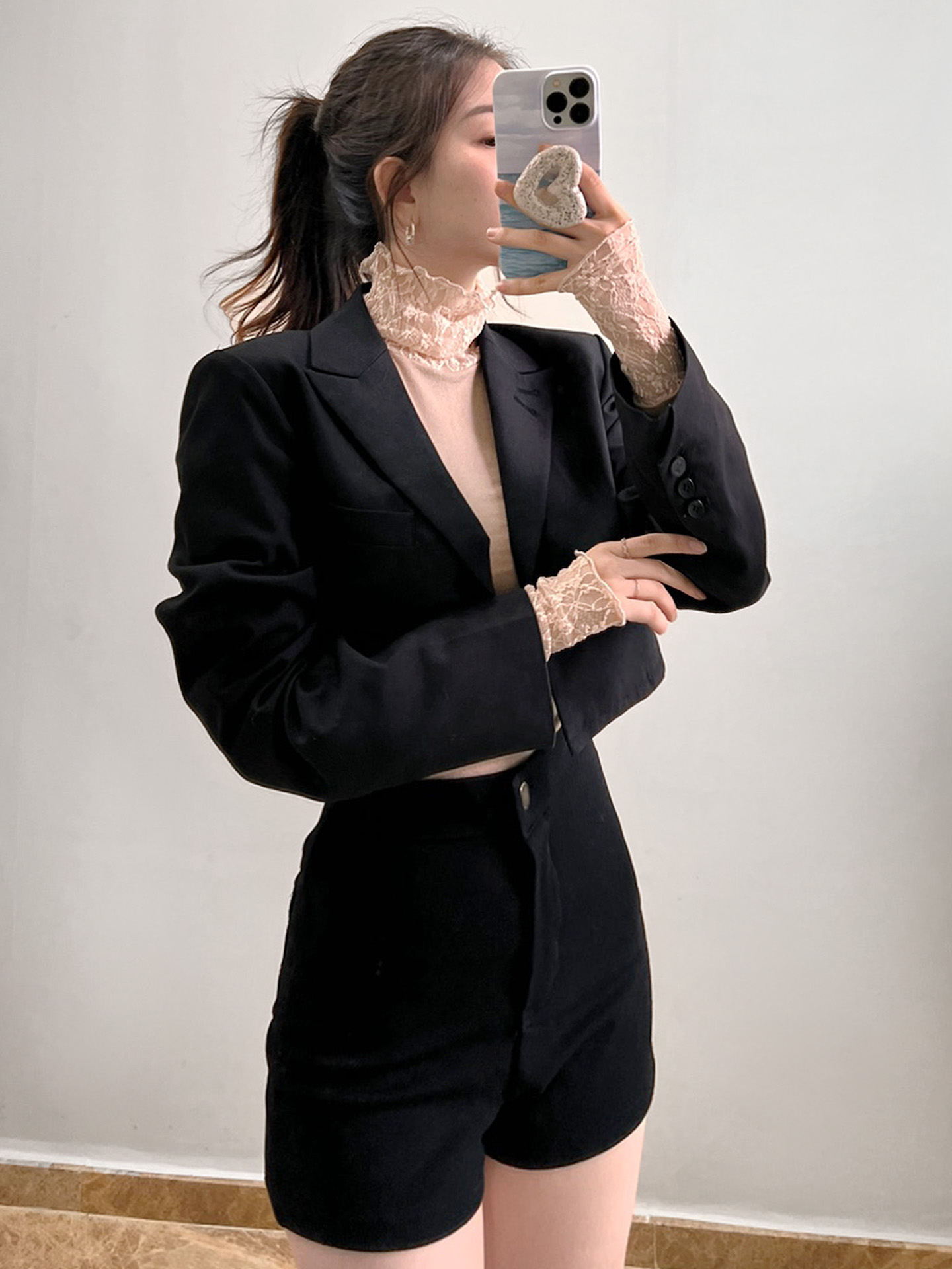 レースストレッチコンビタートルネックスリム長袖無地Tシャツ | 詳細画像6