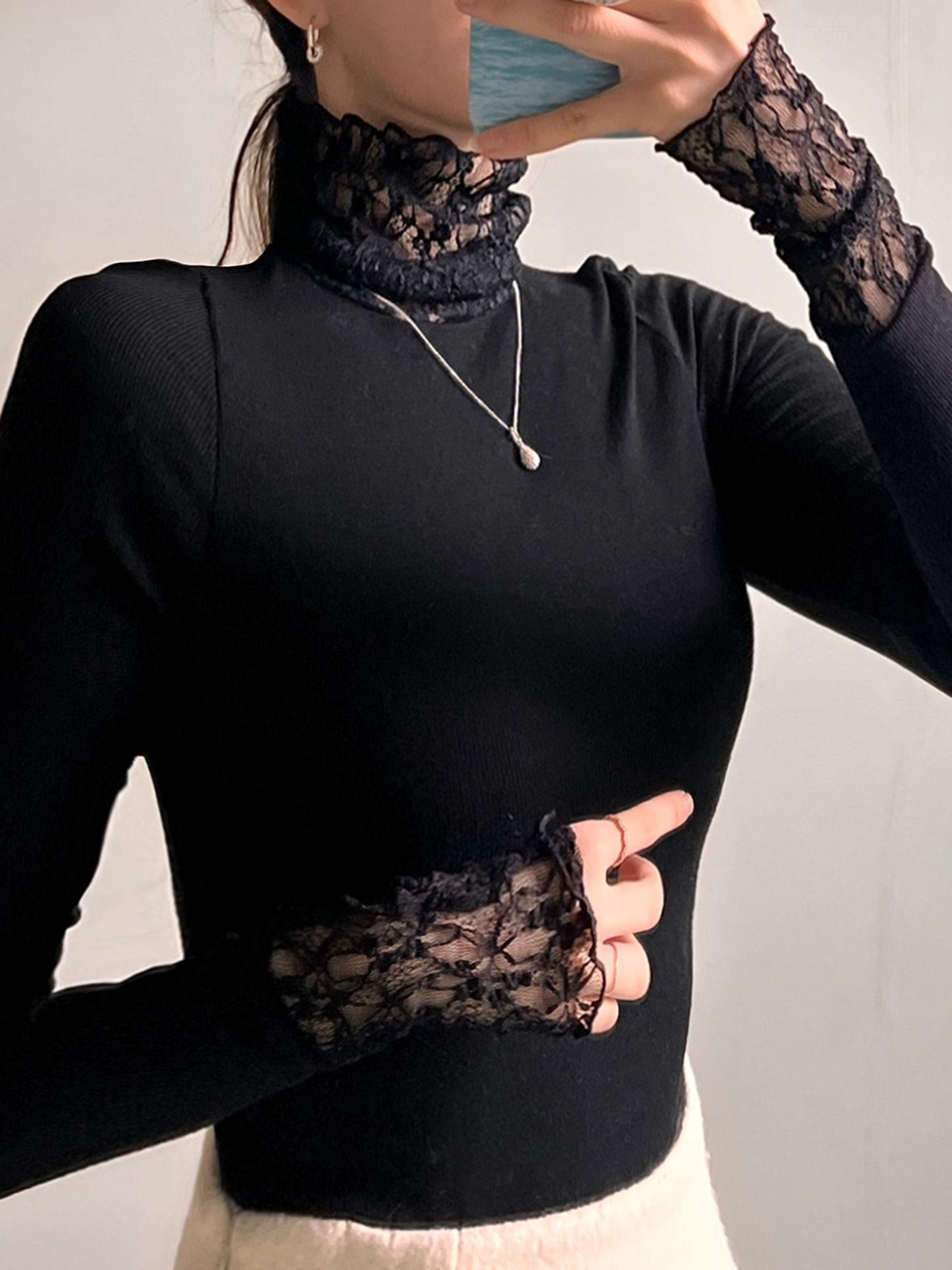 レースストレッチコンビタートルネックスリム長袖無地Tシャツ | 詳細画像7