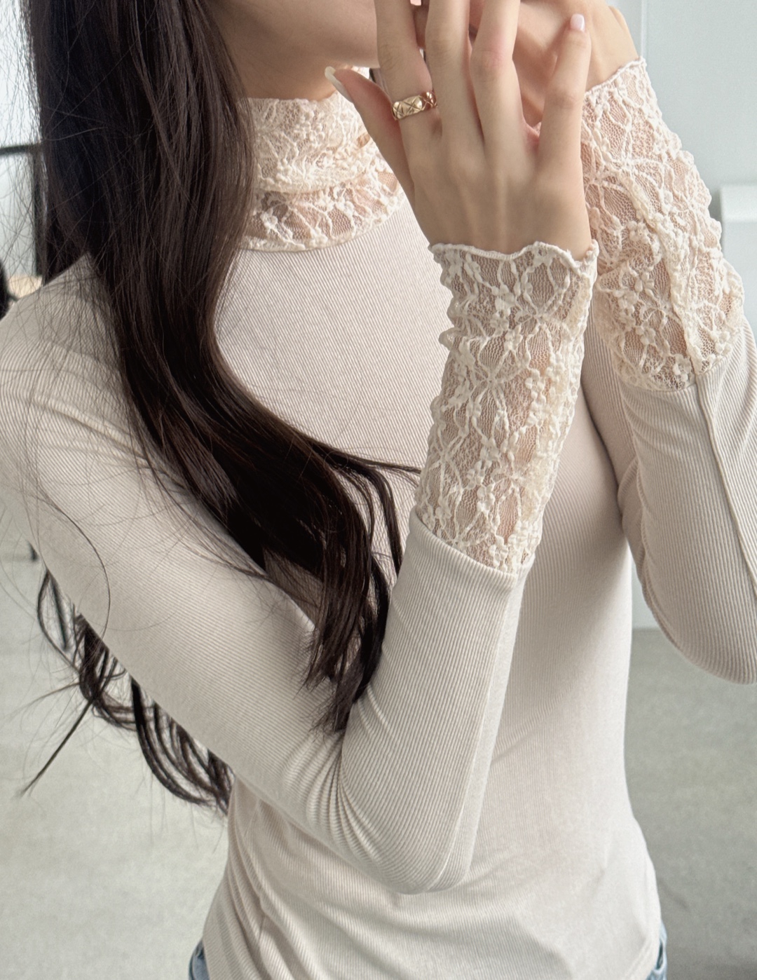 レースストレッチコンビタートルネックスリム長袖無地Tシャツ | 詳細画像8