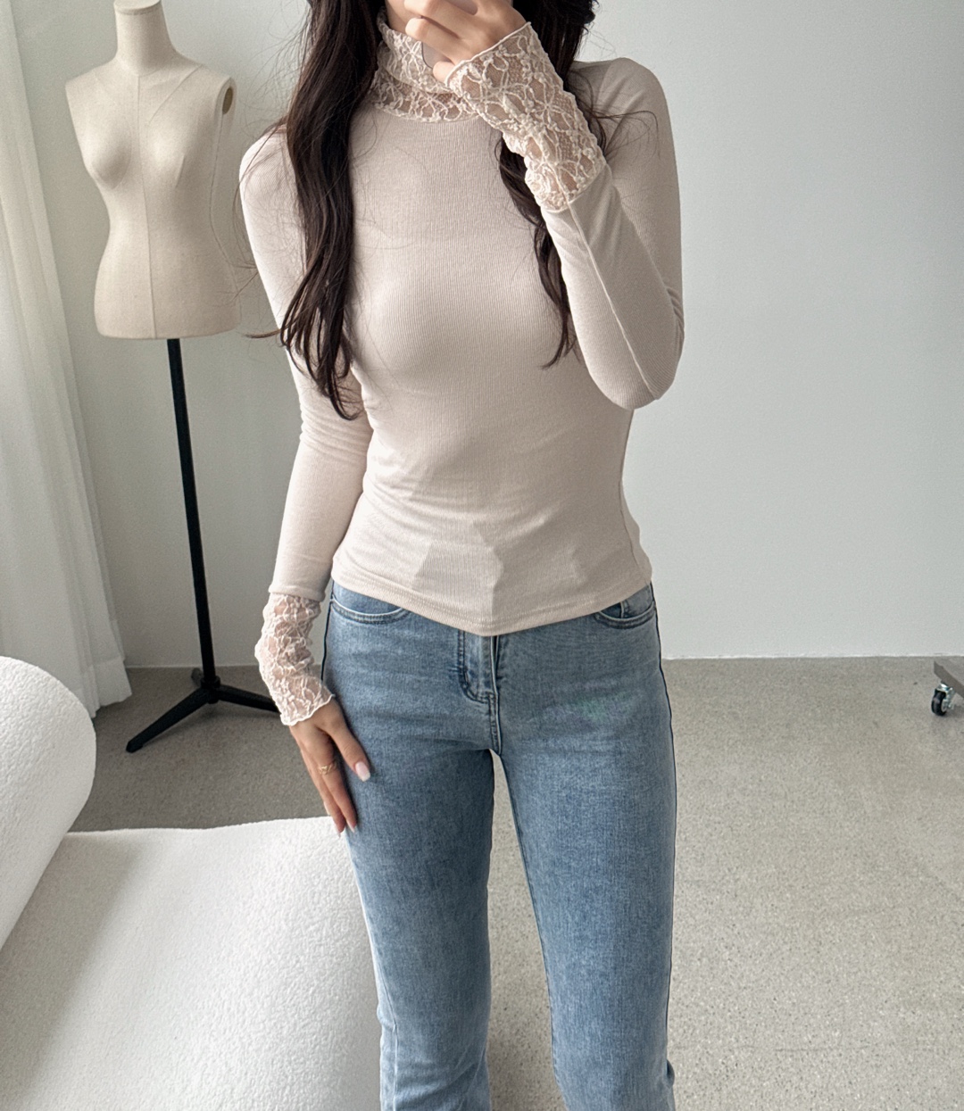 レースストレッチコンビタートルネックスリム長袖無地Tシャツ | 詳細画像9