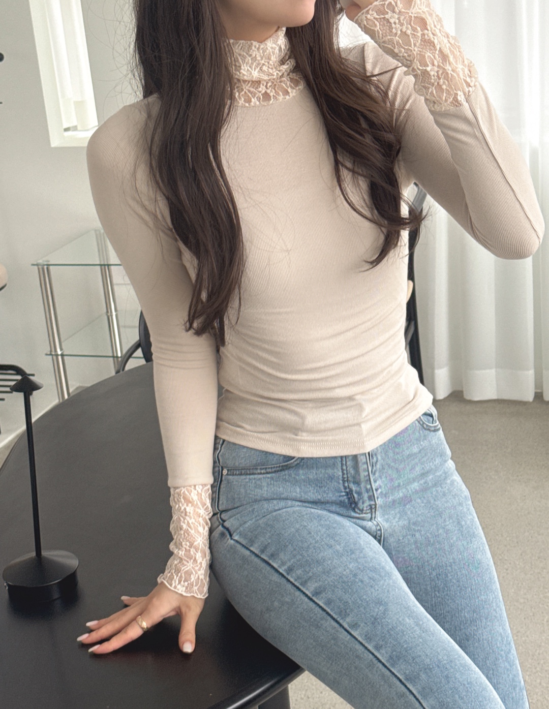 レースストレッチコンビタートルネックスリム長袖無地Tシャツ | 詳細画像10