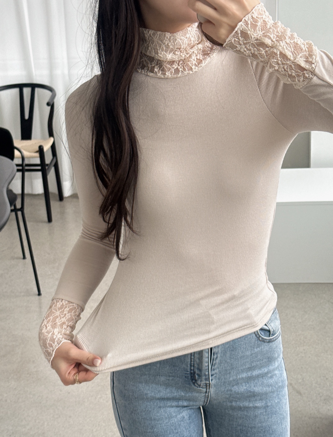 レースストレッチコンビタートルネックスリム長袖無地Tシャツ | 詳細画像12
