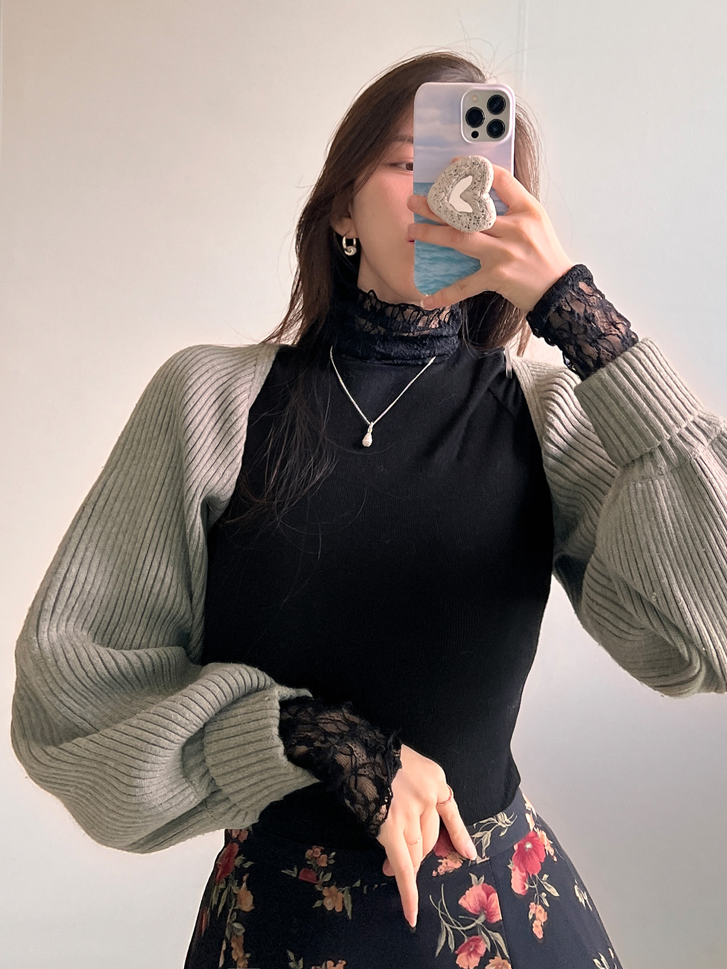 レースストレッチコンビタートルネックスリム長袖無地Tシャツ | 詳細画像14