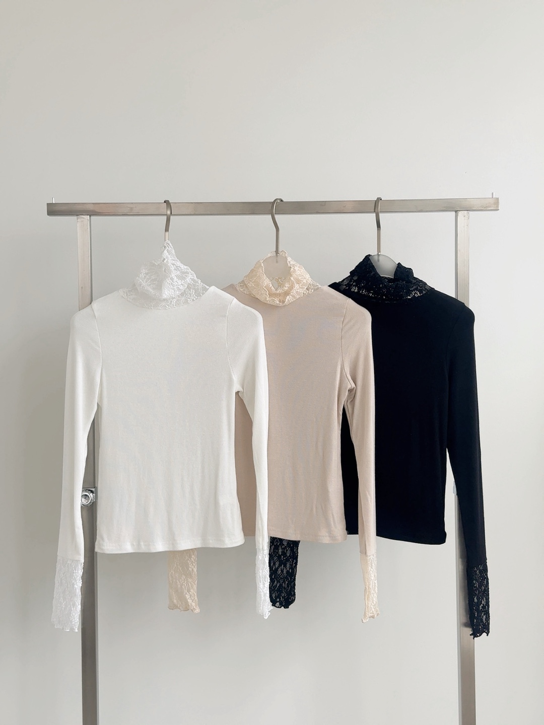 レースストレッチコンビタートルネックスリム長袖無地Tシャツ | 詳細画像16