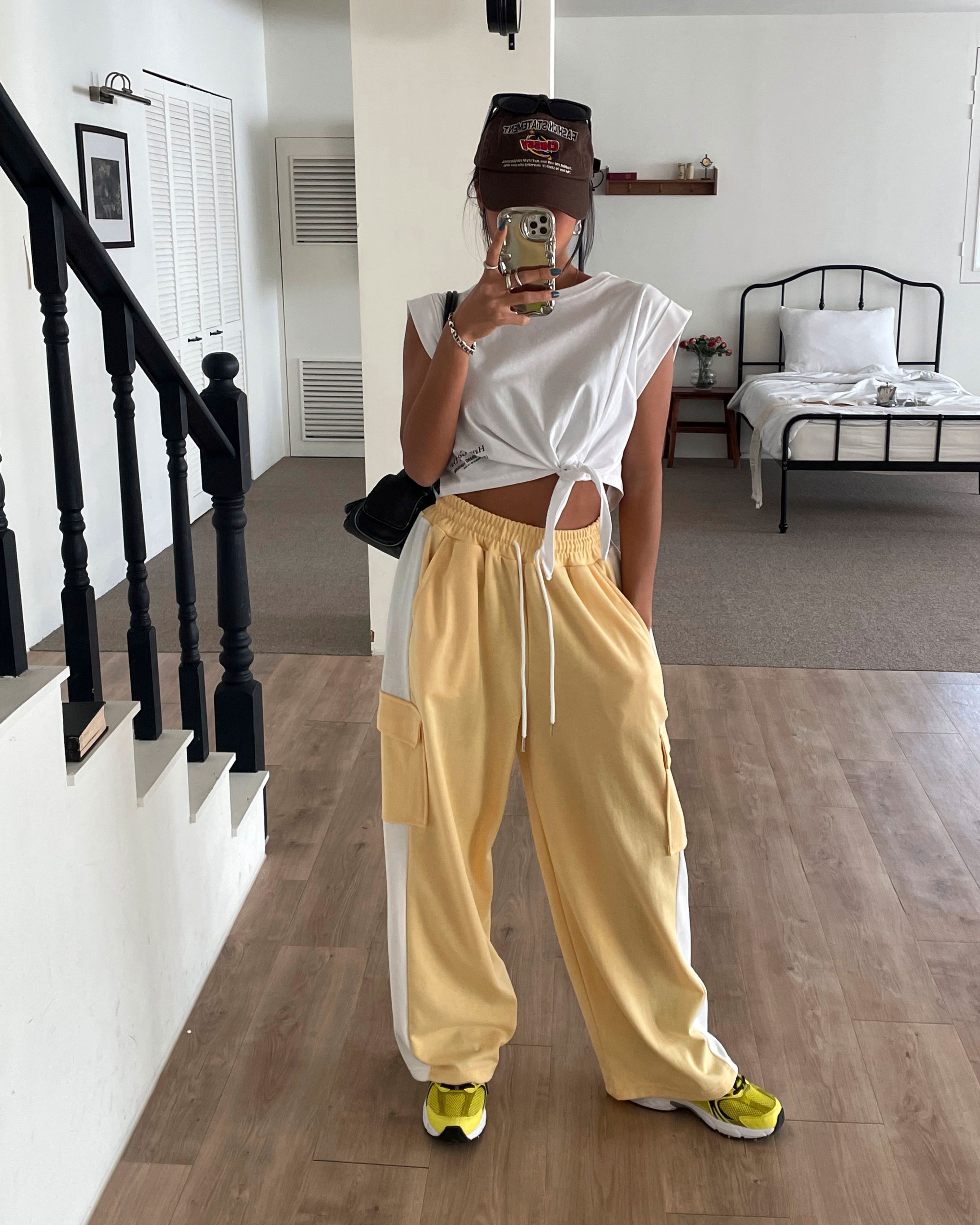 ドローストリングポケットウエストゴムカーゴロング配色パンツ | 詳細画像7