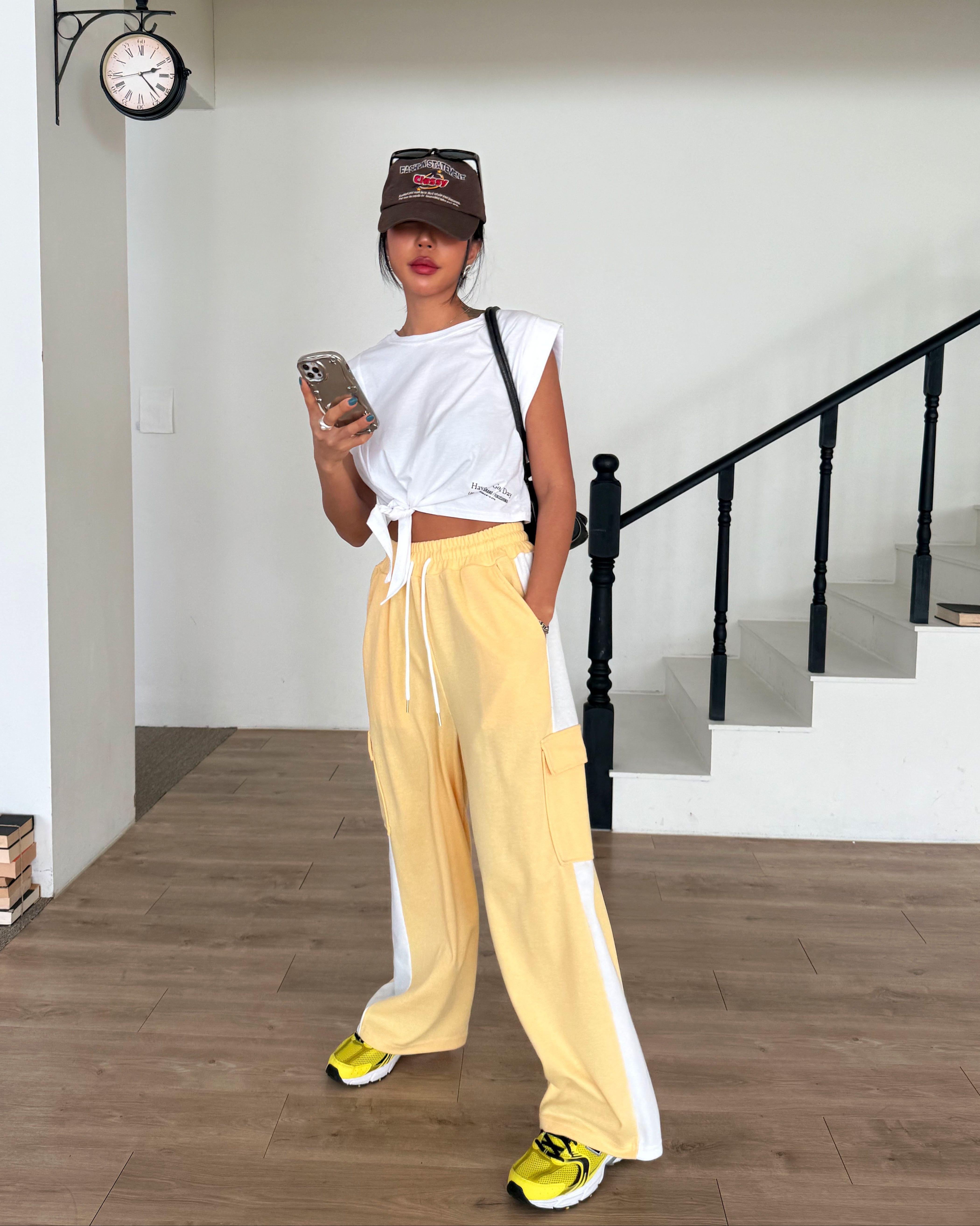 ドローストリングポケットウエストゴムカーゴロング配色パンツ | 詳細画像17