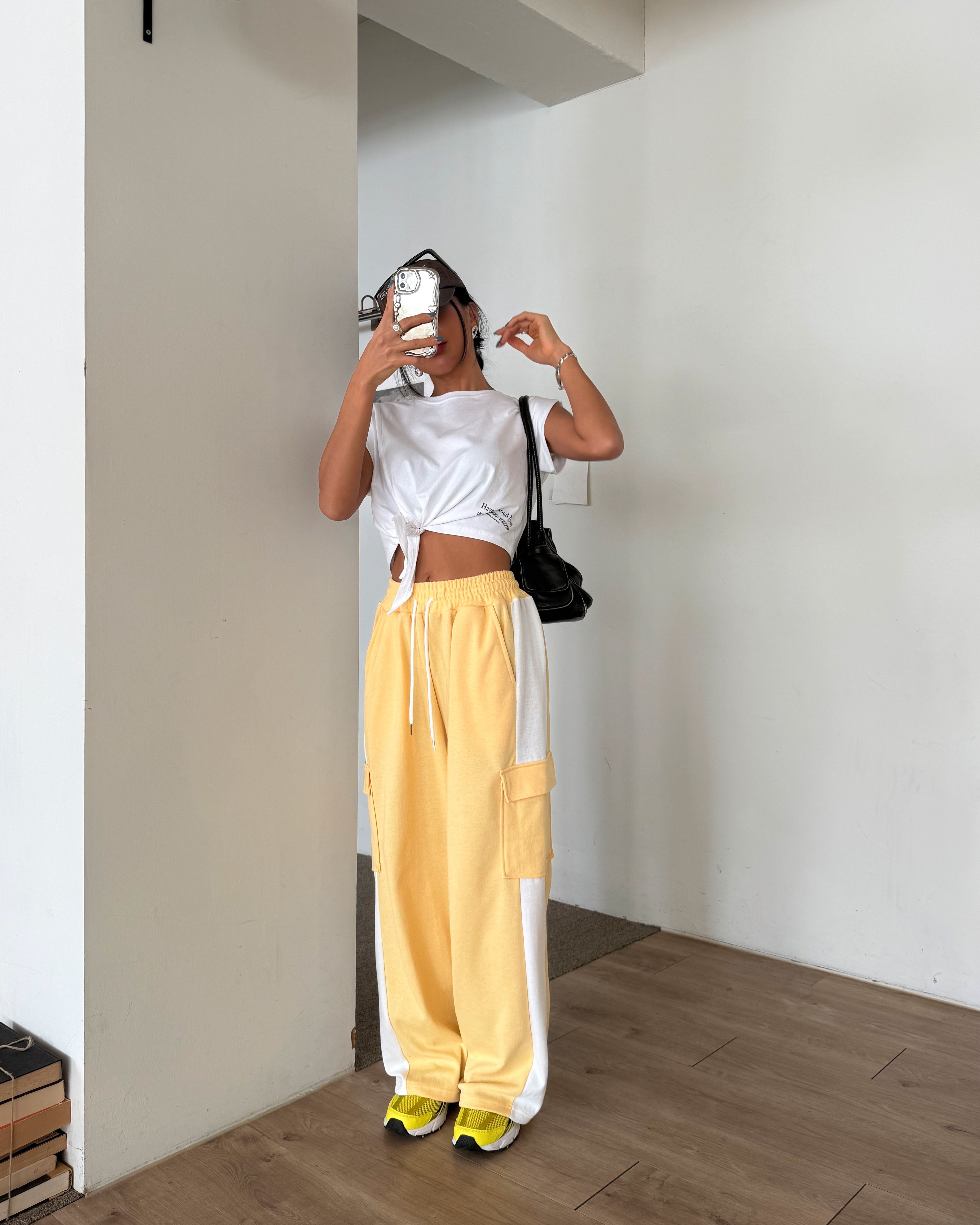 ドローストリングポケットウエストゴムカーゴロング配色パンツ | 詳細画像11