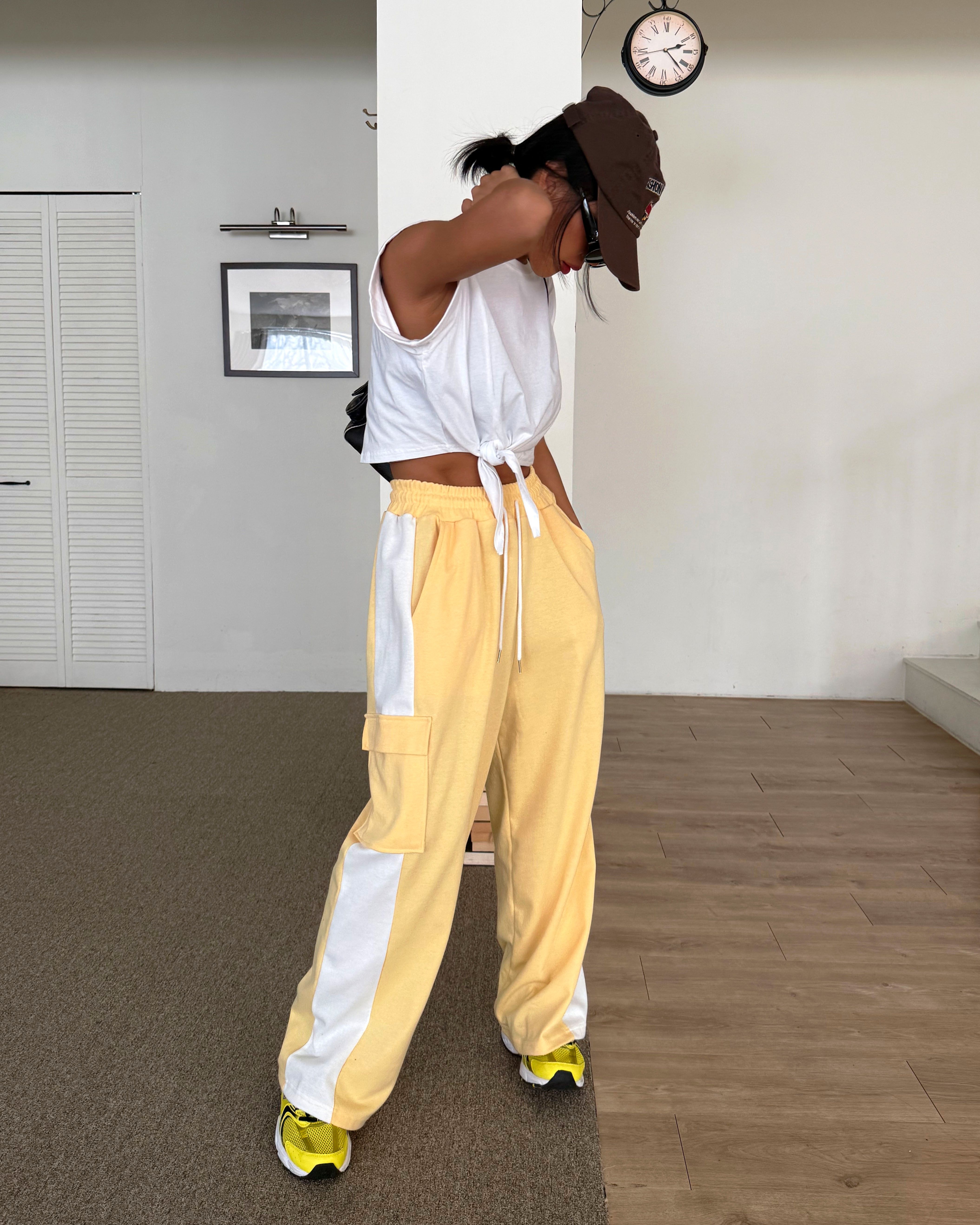 ドローストリングポケットウエストゴムカーゴロング配色パンツ | 詳細画像15