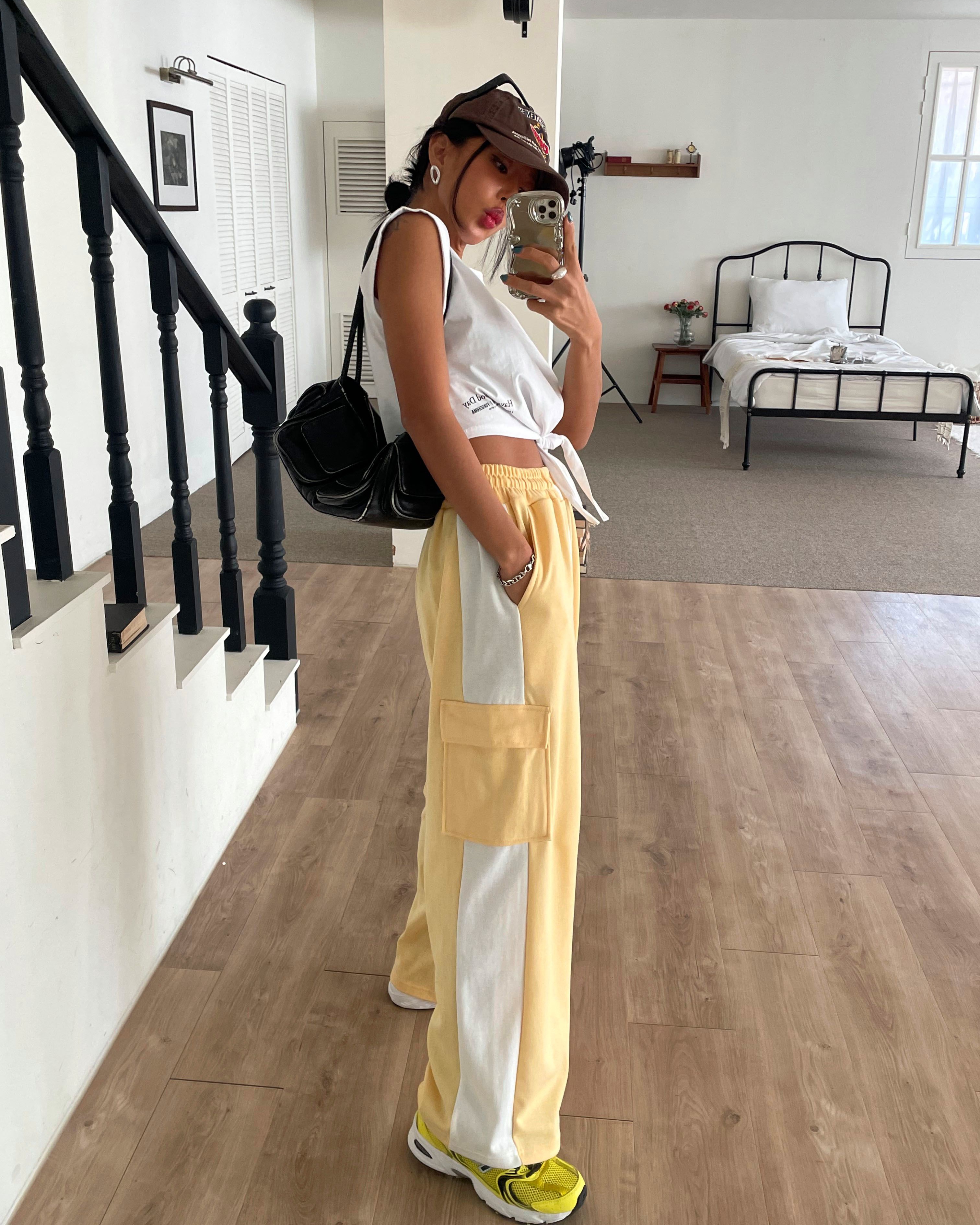 ドローストリングポケットウエストゴムカーゴロング配色パンツ | 詳細画像4