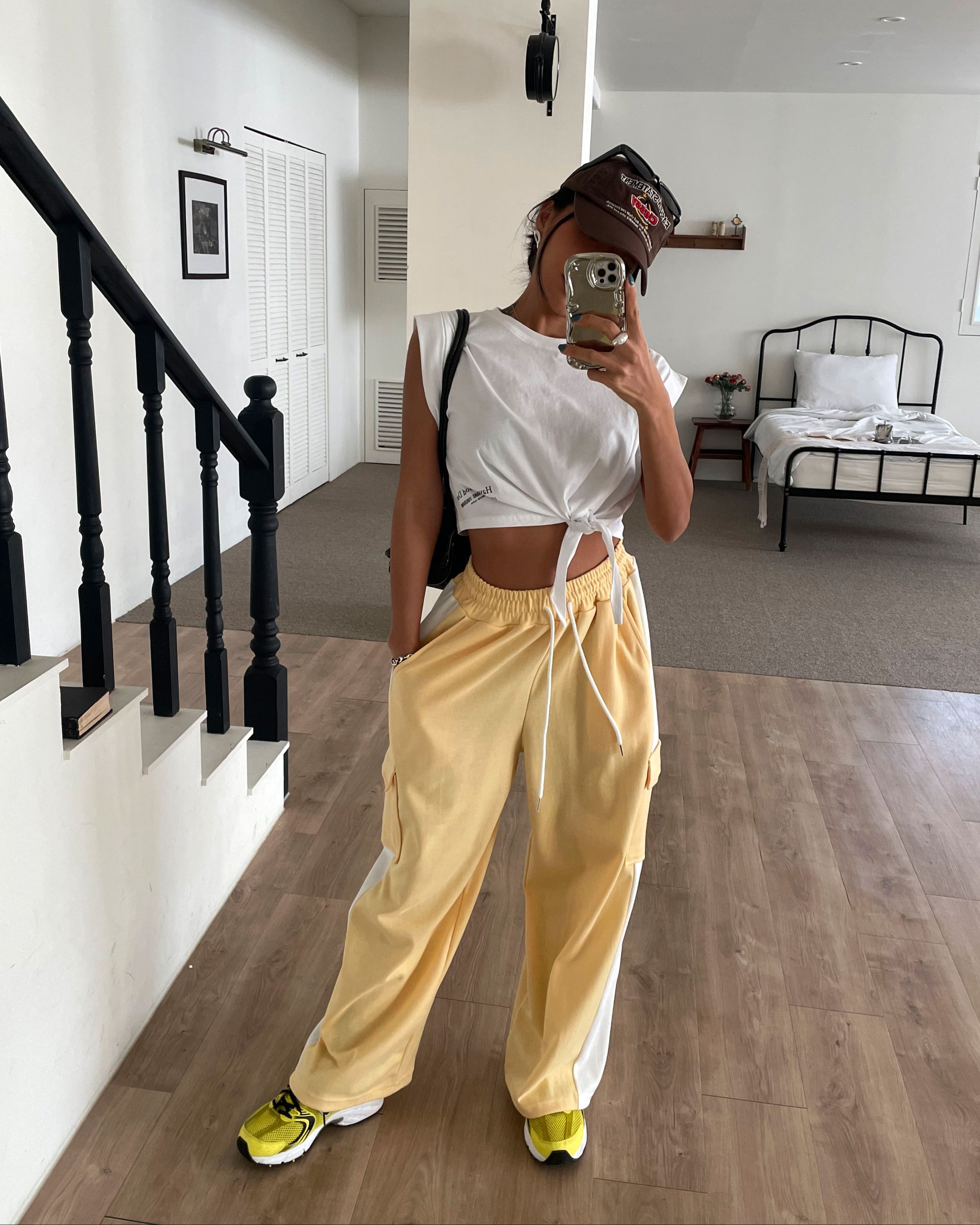 ドローストリングポケットウエストゴムカーゴロング配色パンツ | 詳細画像3