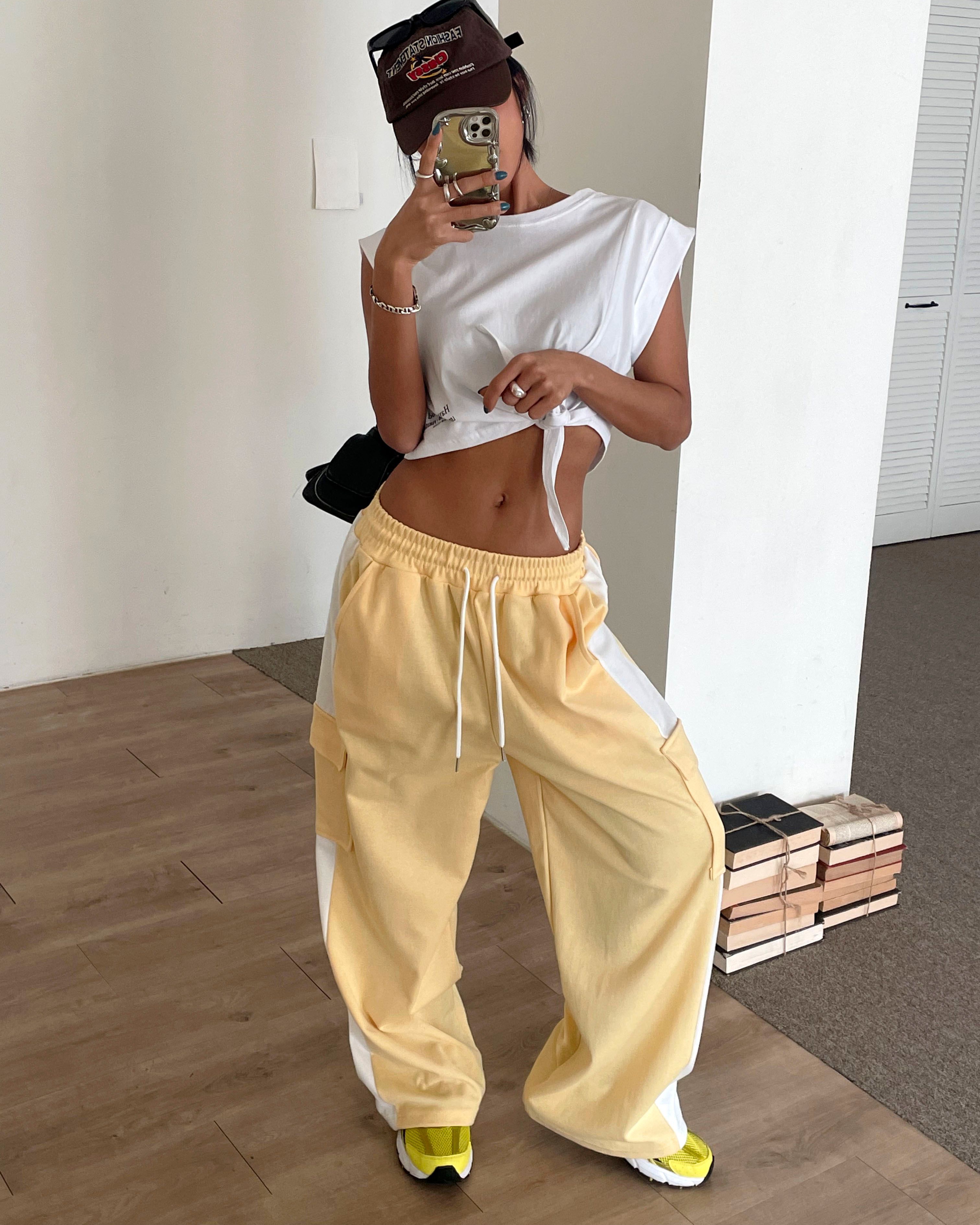 ドローストリングポケットウエストゴムカーゴロング配色パンツ | 詳細画像5