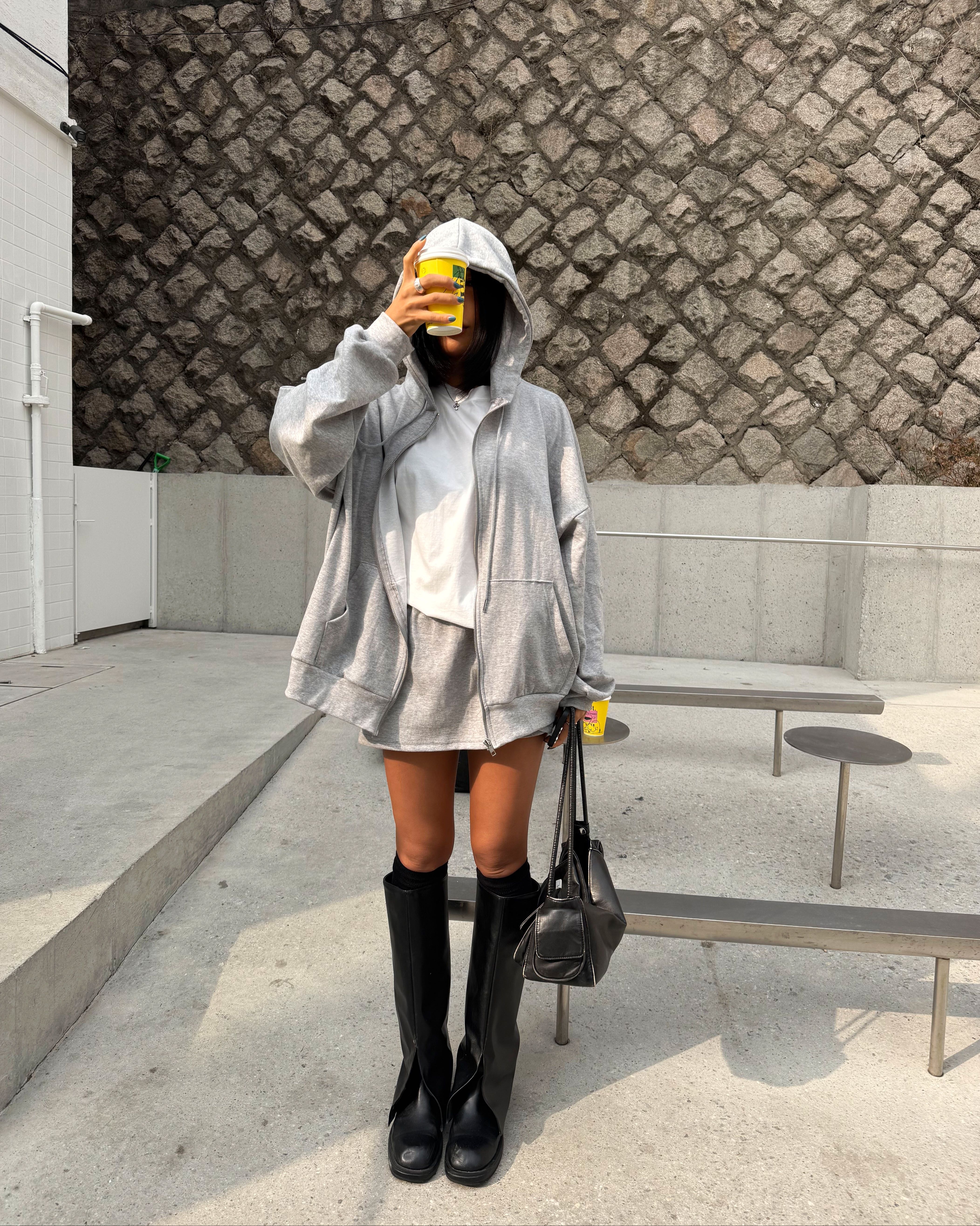 フードドローストリングウエストゴムオーバーサイズショート長袖ハーフカンガルーポケット無地ツーピース(トップス、ボトムス)ジップパーカースカートパンツ | 詳細画像2