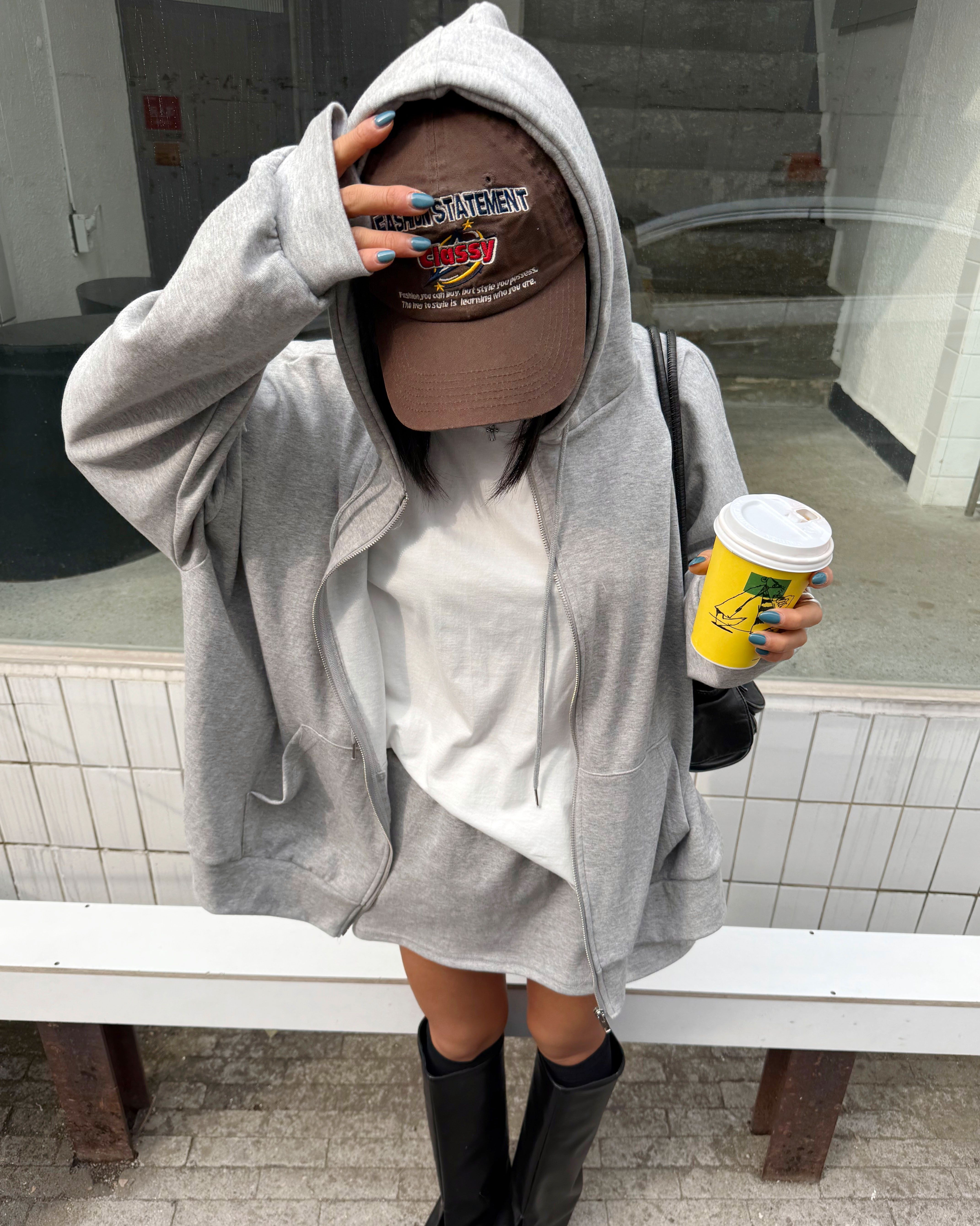 フードドローストリングウエストゴムオーバーサイズショート長袖ハーフカンガルーポケット無地ツーピース(トップス、ボトムス)ジップパーカースカートパンツ | 詳細画像7