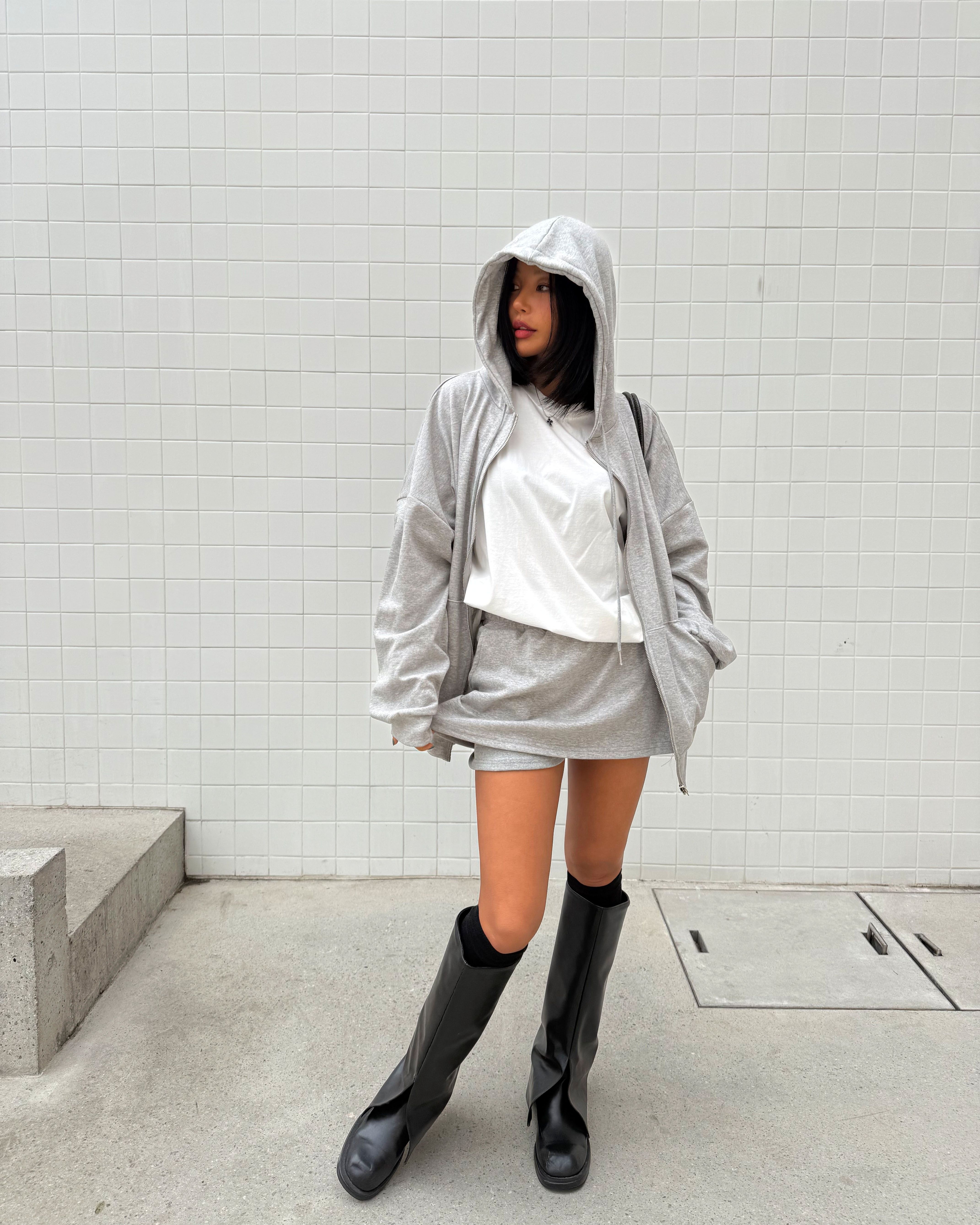 フードドローストリングウエストゴムオーバーサイズショート長袖ハーフカンガルーポケット無地ツーピース(トップス、ボトムス)ジップパーカースカートパンツ | 詳細画像6