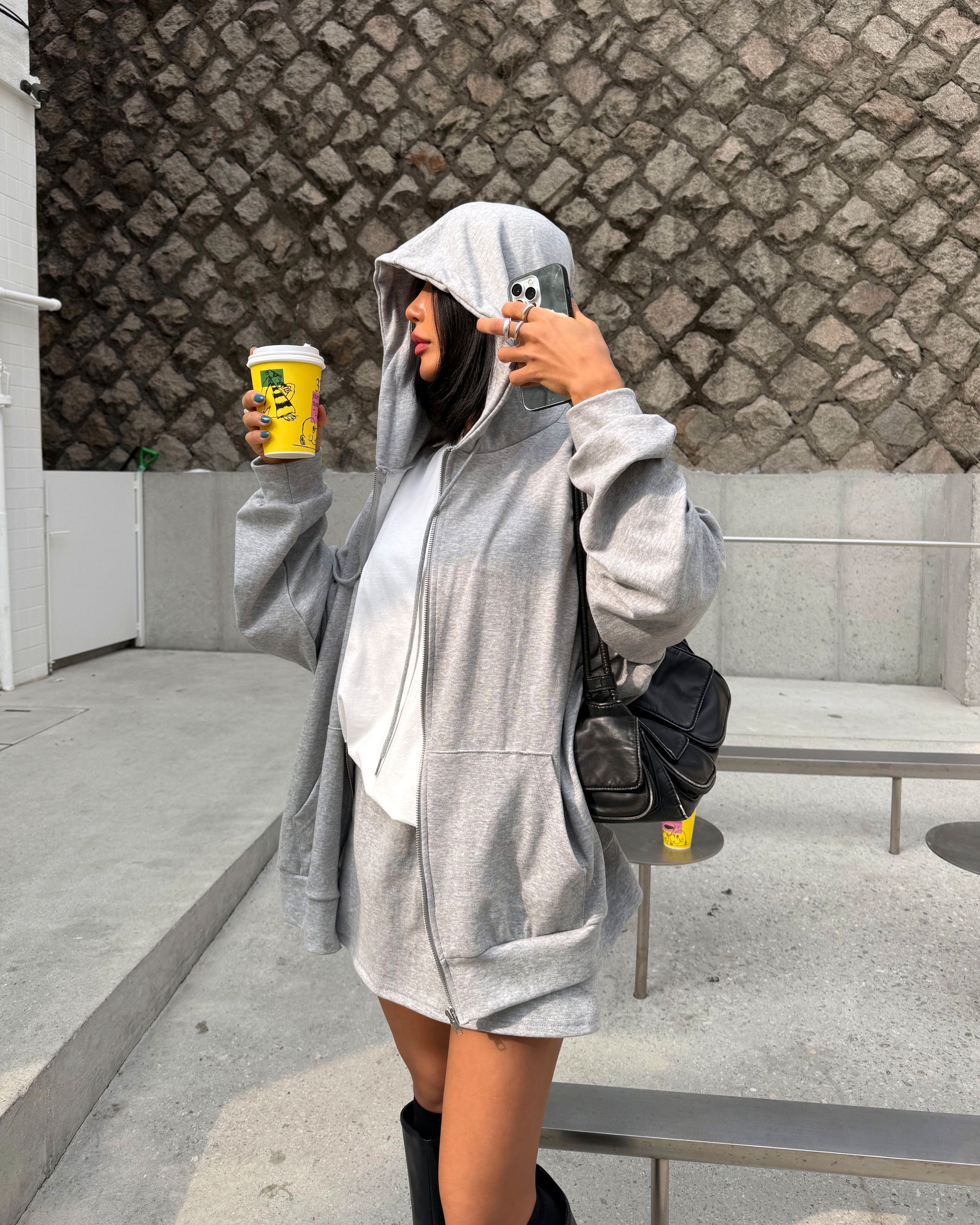 フードドローストリングウエストゴムオーバーサイズショート長袖ハーフカンガルーポケット無地ツーピース(トップス、ボトムス)ジップパーカースカートパンツ | 詳細画像9