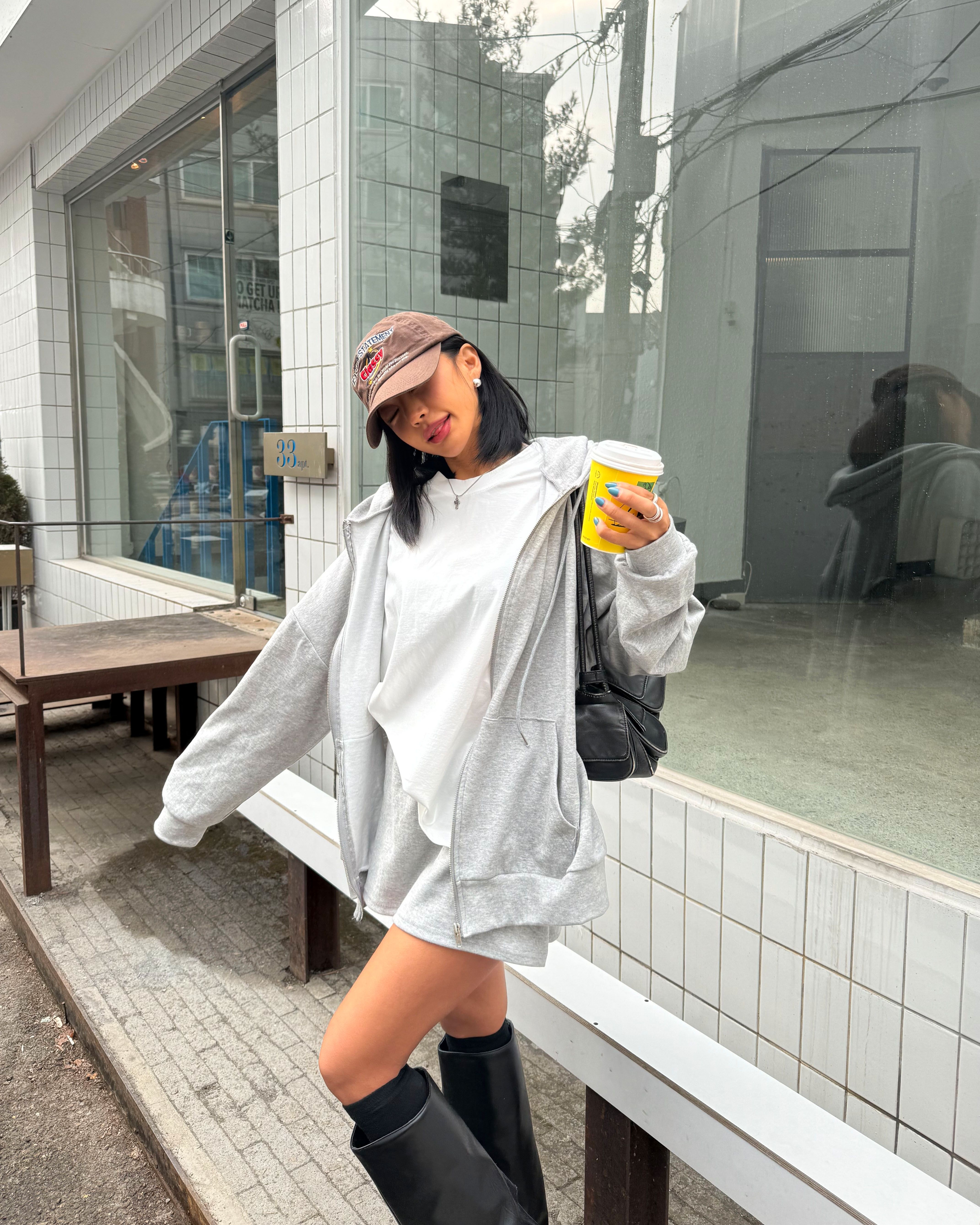 フードドローストリングウエストゴムオーバーサイズショート長袖ハーフカンガルーポケット無地ツーピース(トップス、ボトムス)ジップパーカースカートパンツ | 詳細画像12