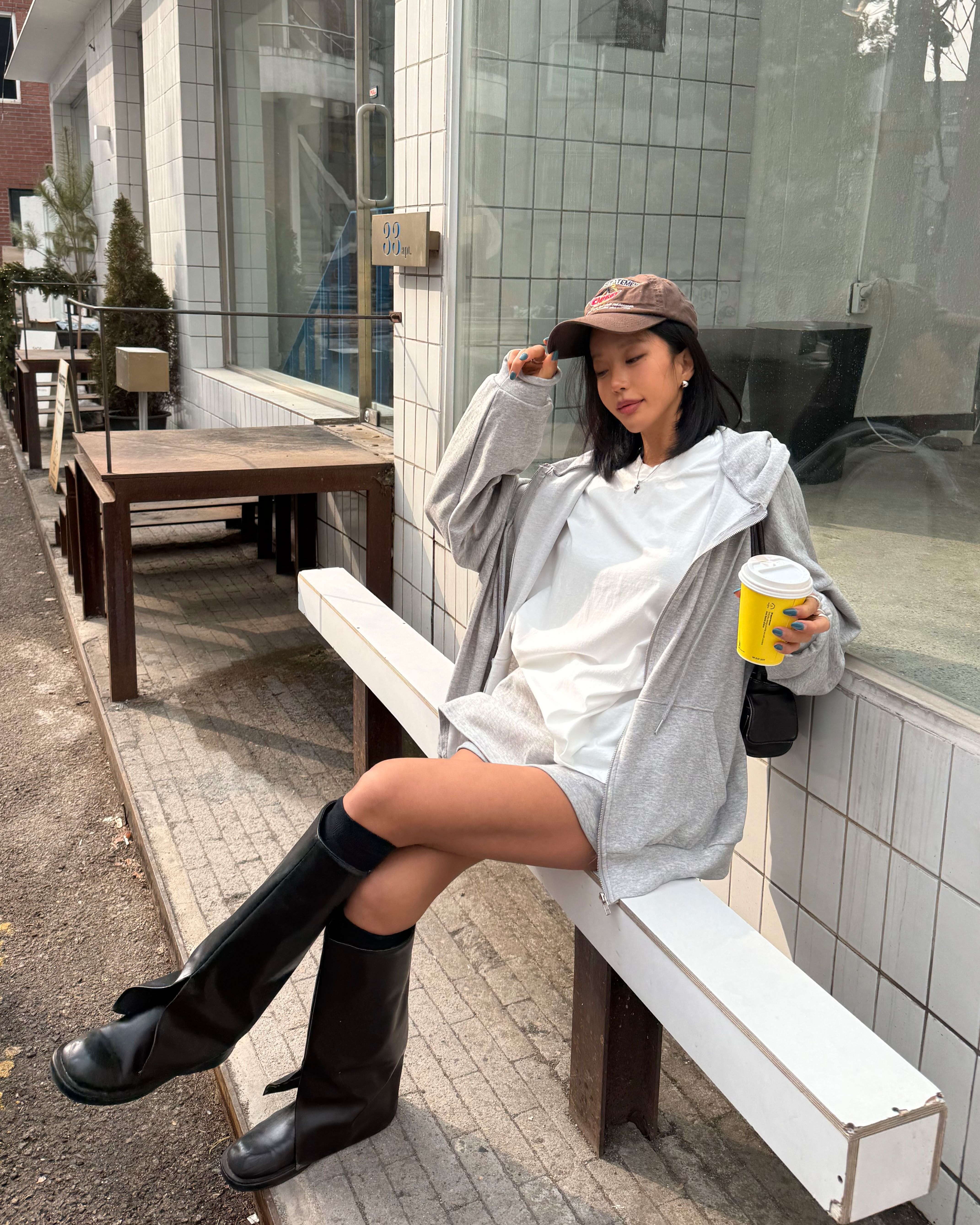 フードドローストリングウエストゴムオーバーサイズショート長袖ハーフカンガルーポケット無地ツーピース(トップス、ボトムス)ジップパーカースカートパンツ | 詳細画像5