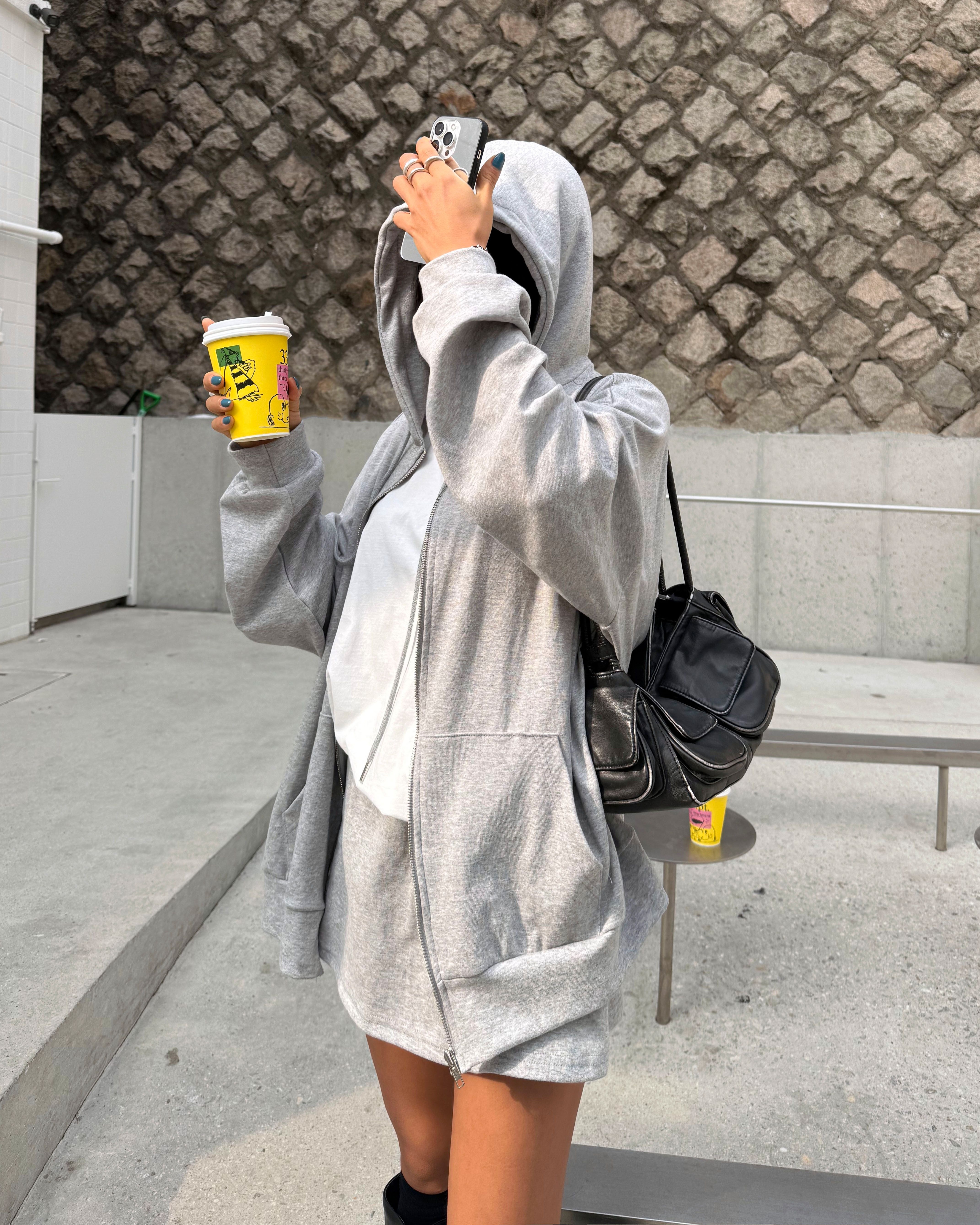 フードドローストリングウエストゴムオーバーサイズショート長袖ハーフカンガルーポケット無地ツーピース(トップス、ボトムス)ジップパーカースカートパンツ | 詳細画像14