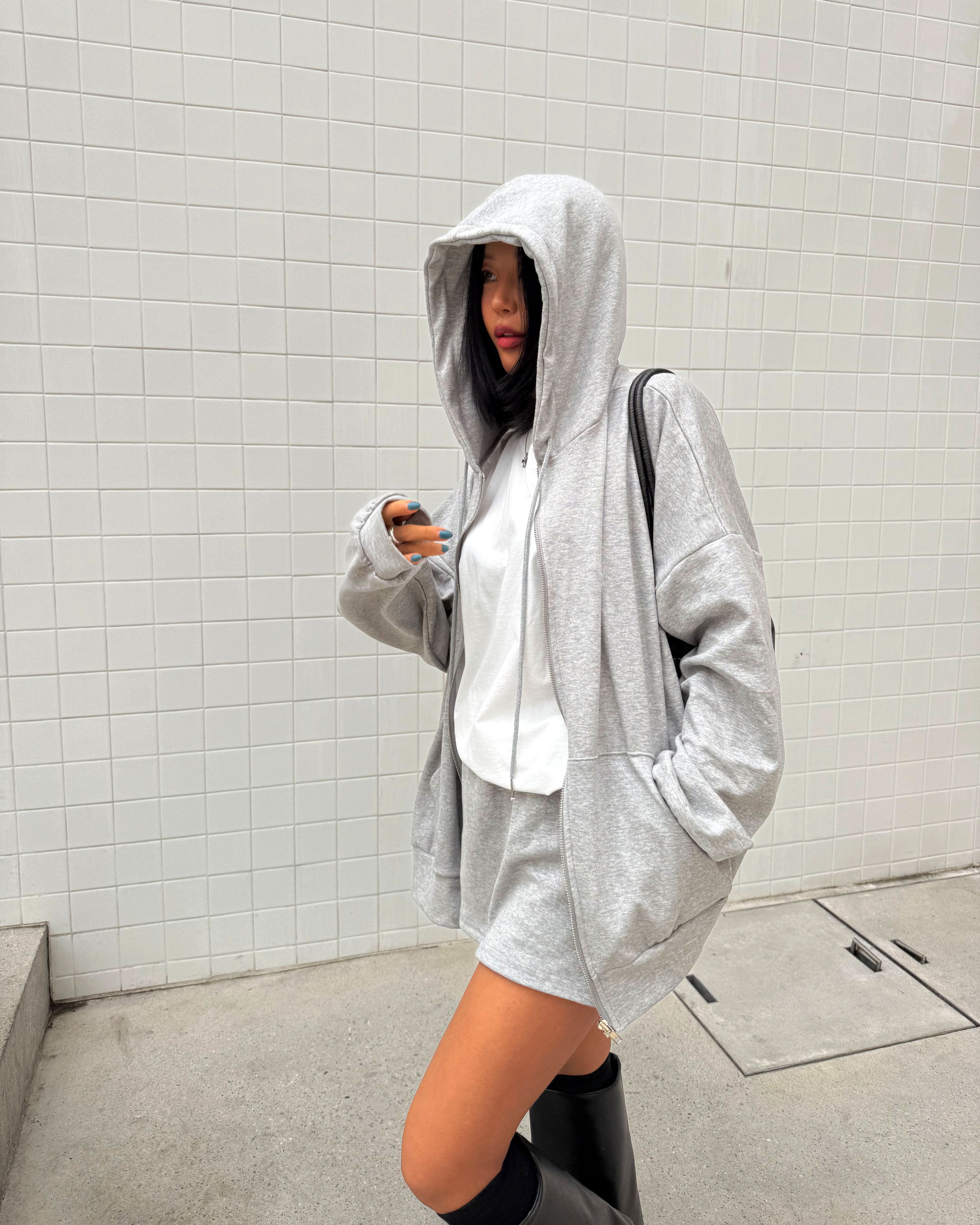 フードドローストリングウエストゴムオーバーサイズショート長袖ハーフカンガルーポケット無地ツーピース(トップス、ボトムス)ジップパーカースカートパンツ | 詳細画像13