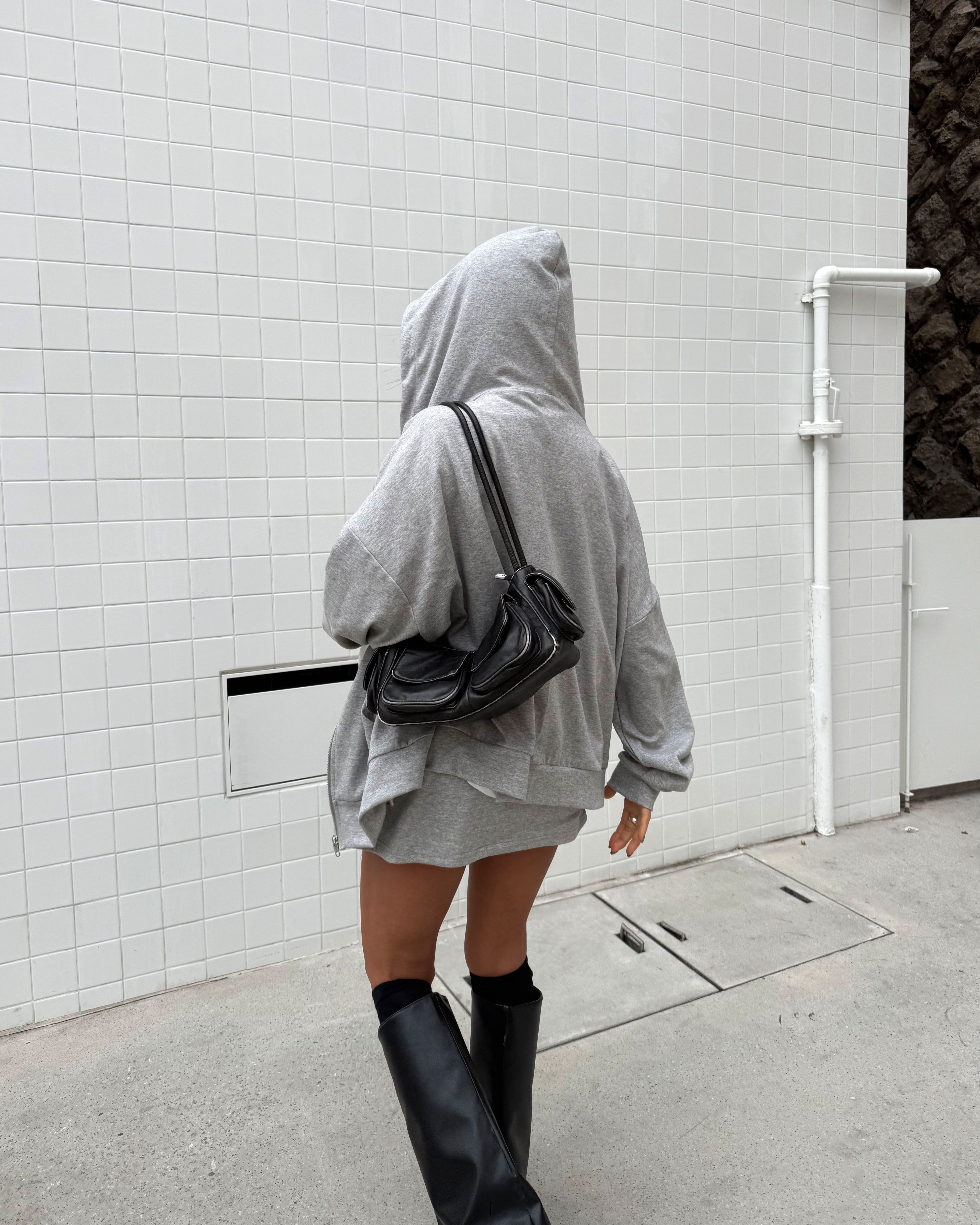 フードドローストリングウエストゴムオーバーサイズショート長袖ハーフカンガルーポケット無地ツーピース(トップス、ボトムス)ジップパーカースカートパンツ | 詳細画像8