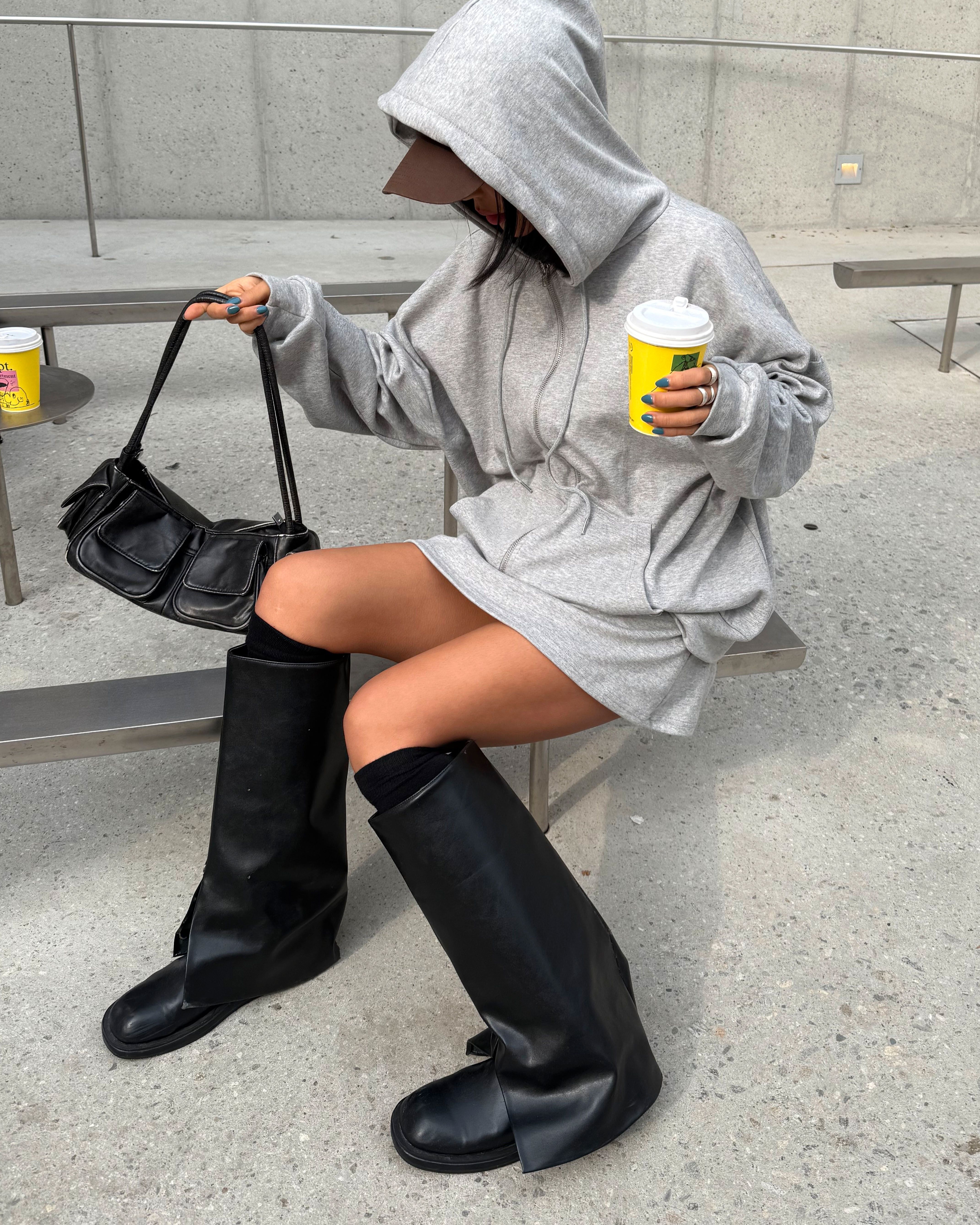 フードドローストリングウエストゴムオーバーサイズショート長袖ハーフカンガルーポケット無地ツーピース(トップス、ボトムス)ジップパーカースカートパンツ | 詳細画像15