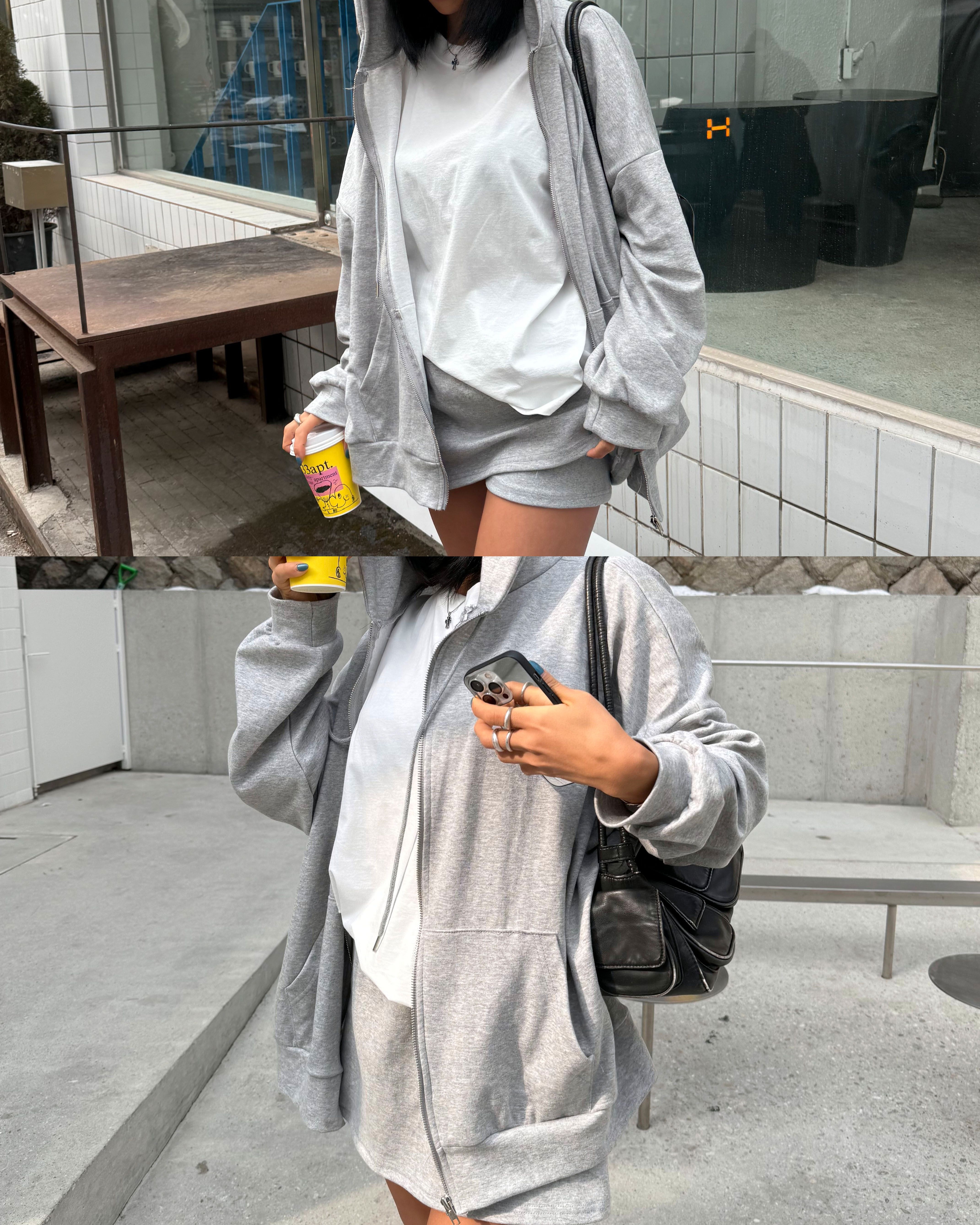 フードドローストリングウエストゴムオーバーサイズショート長袖ハーフカンガルーポケット無地ツーピース(トップス、ボトムス)ジップパーカースカートパンツ | 詳細画像16