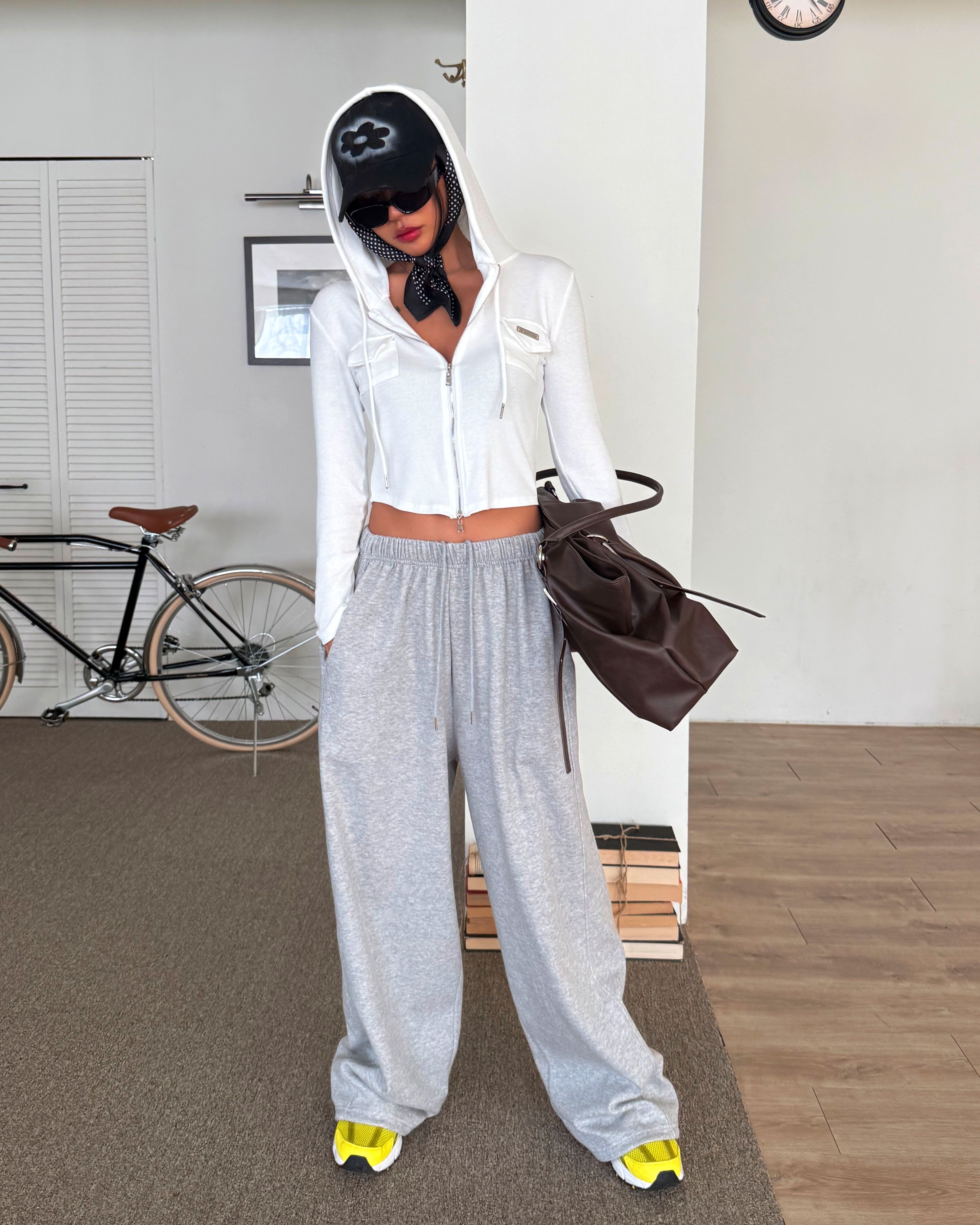 ドローストリングラインウエストゴムロングワイドバックポケット無地パンツ | 詳細画像8