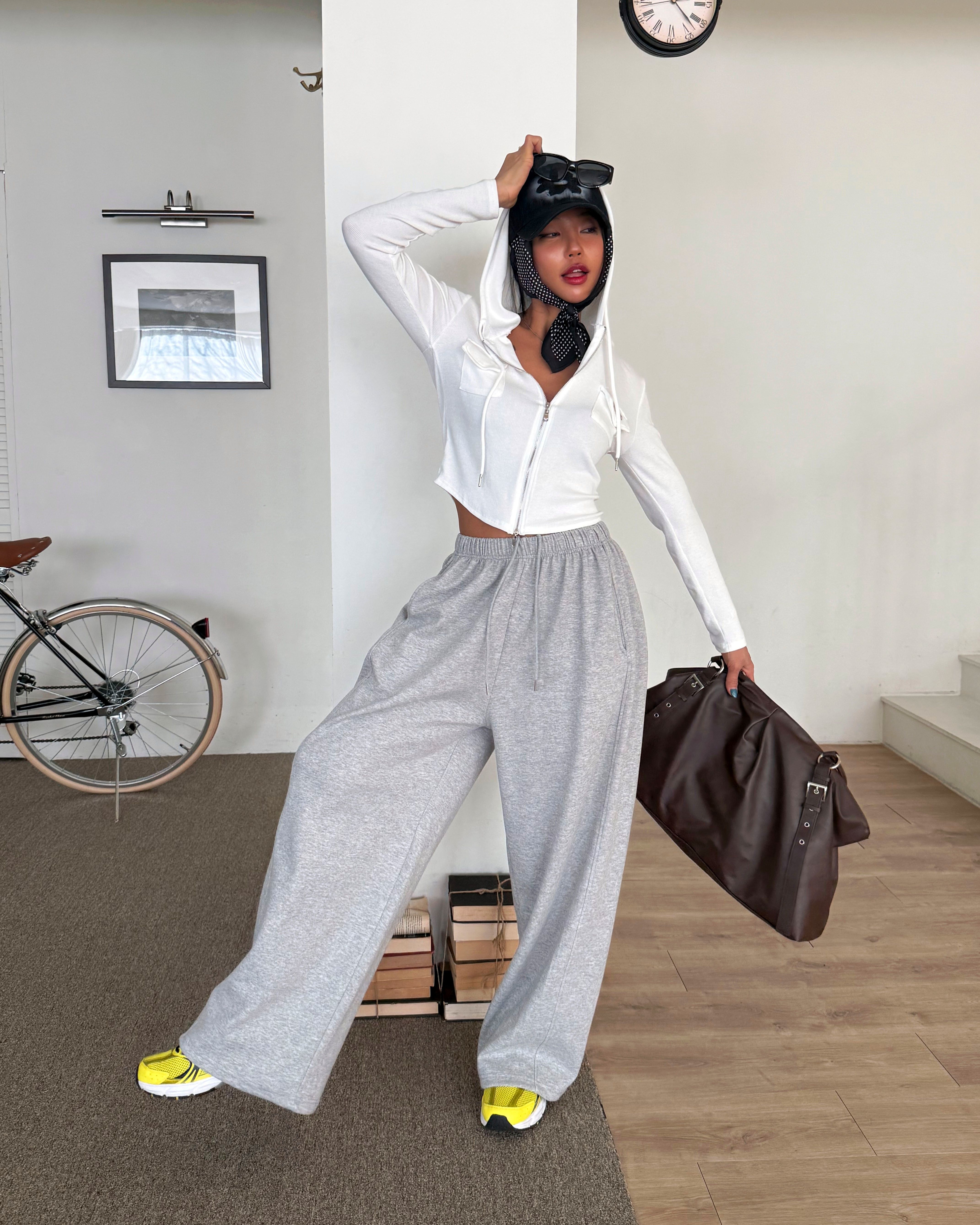 ドローストリングラインウエストゴムロングワイドバックポケット無地パンツ | 詳細画像10