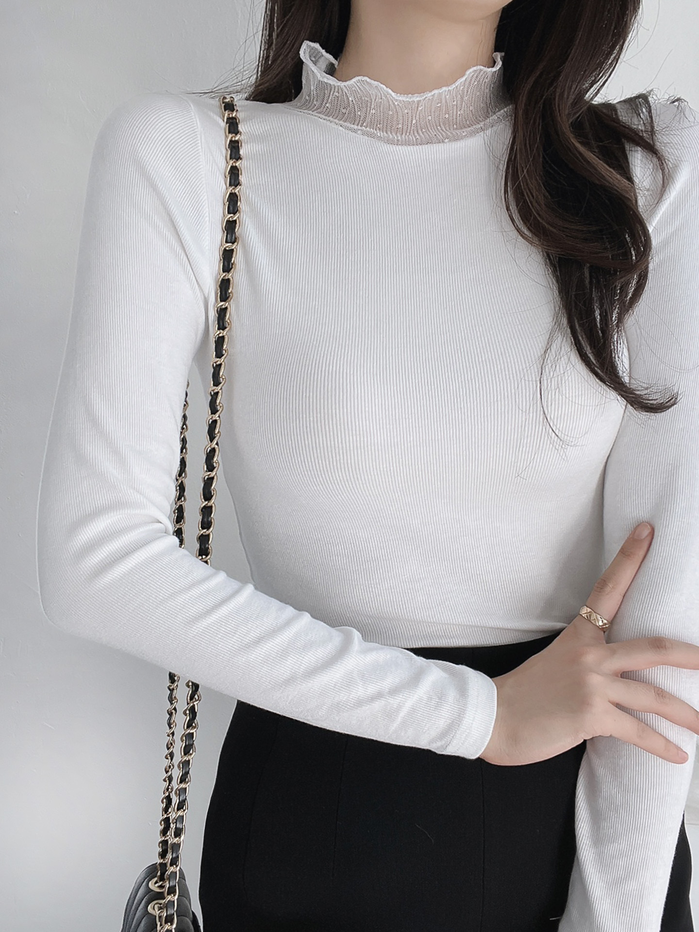 レースコンビハーフネックリンクルスリム長袖無地Tシャツ | 詳細画像3