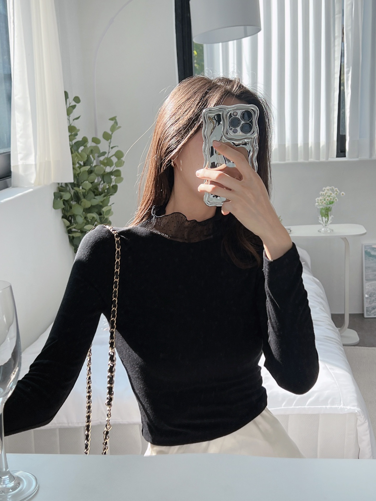 レースコンビハーフネックリンクルスリム長袖無地Tシャツ | 詳細画像8