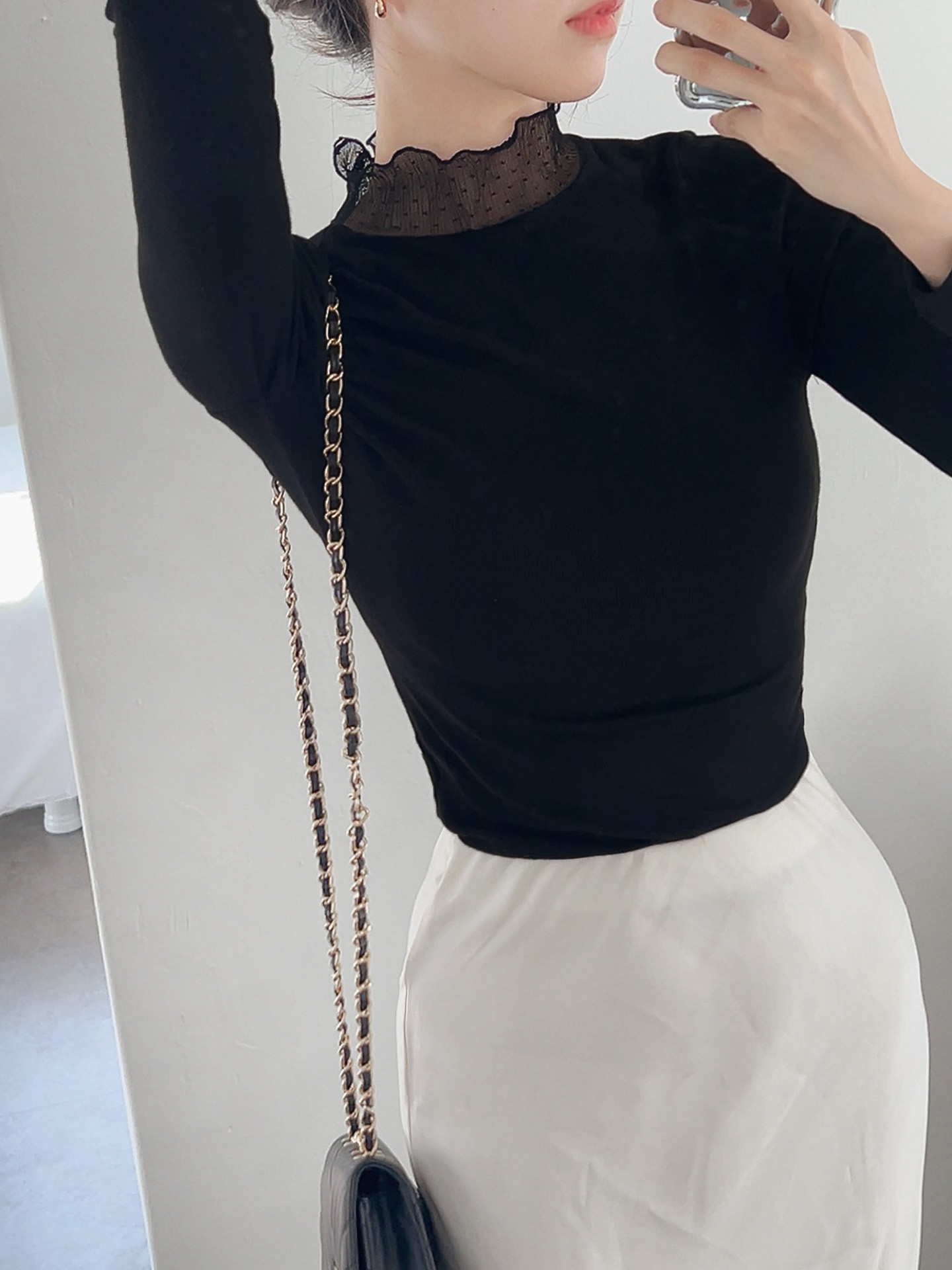 レースコンビハーフネックリンクルスリム長袖無地Tシャツ | 詳細画像13