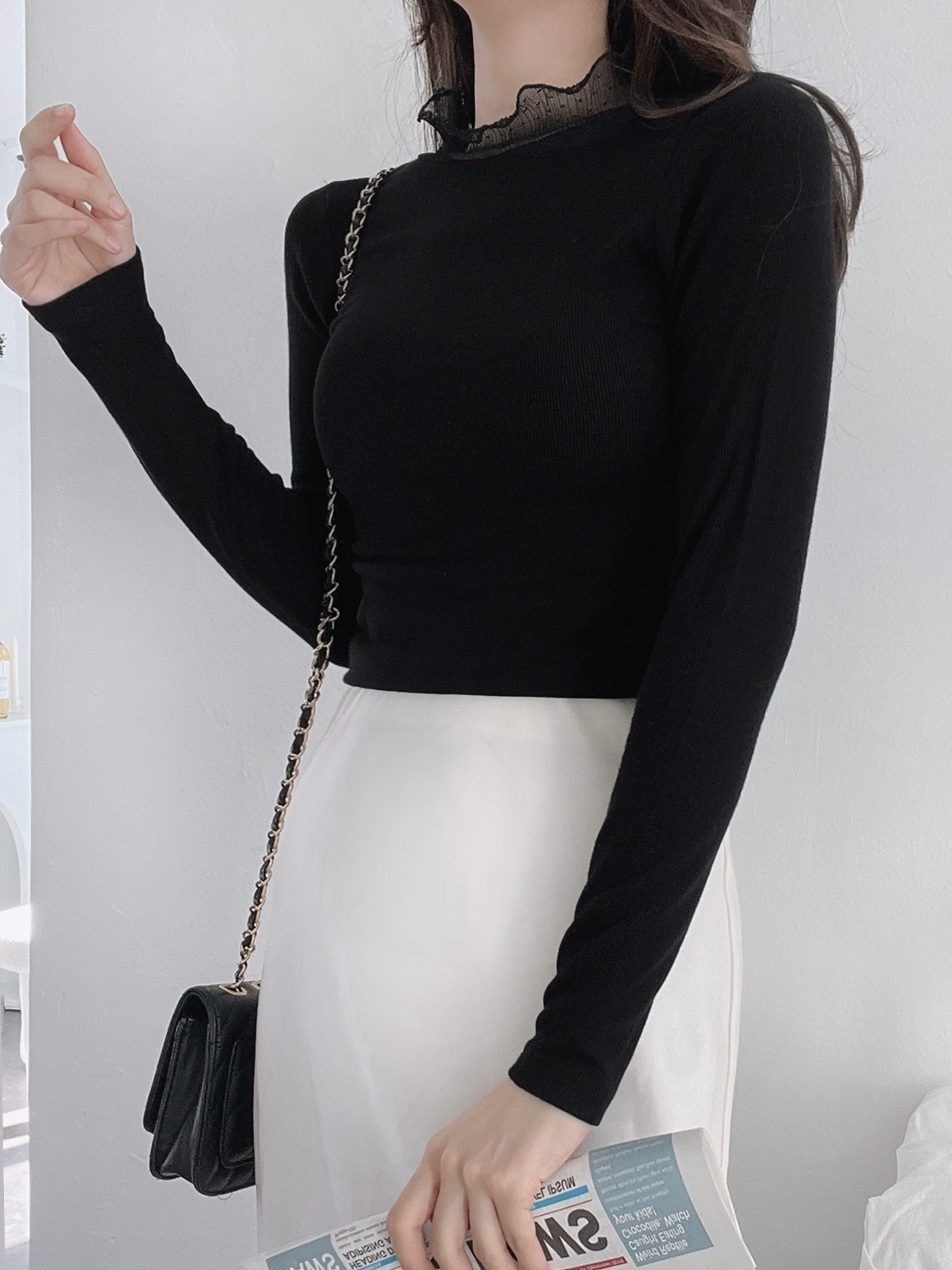 レースコンビハーフネックリンクルスリム長袖無地Tシャツ | 詳細画像14